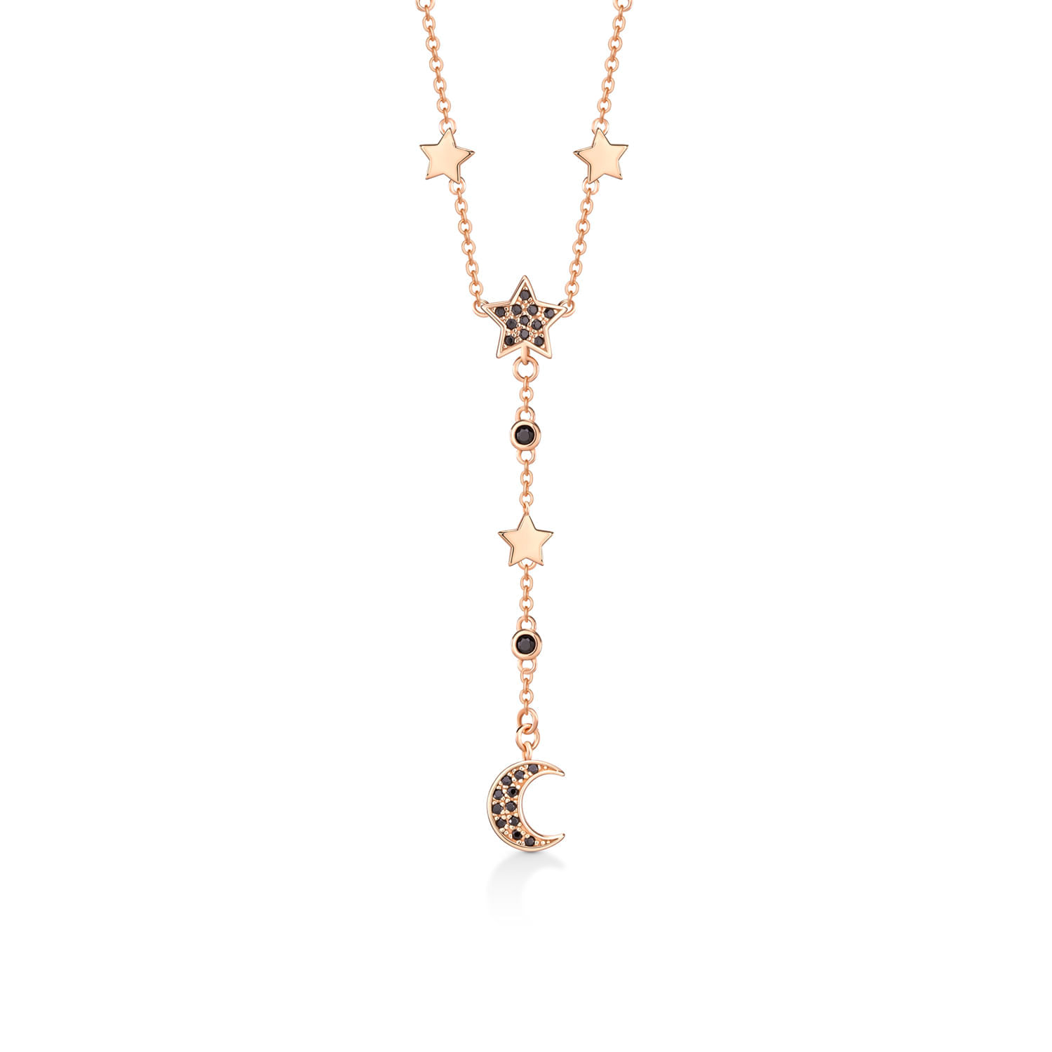 Colar dourado com estrelas e lua, contendo detalhes em preto e pedras brilhantes, e um pingente de crescente lunar com pedras.