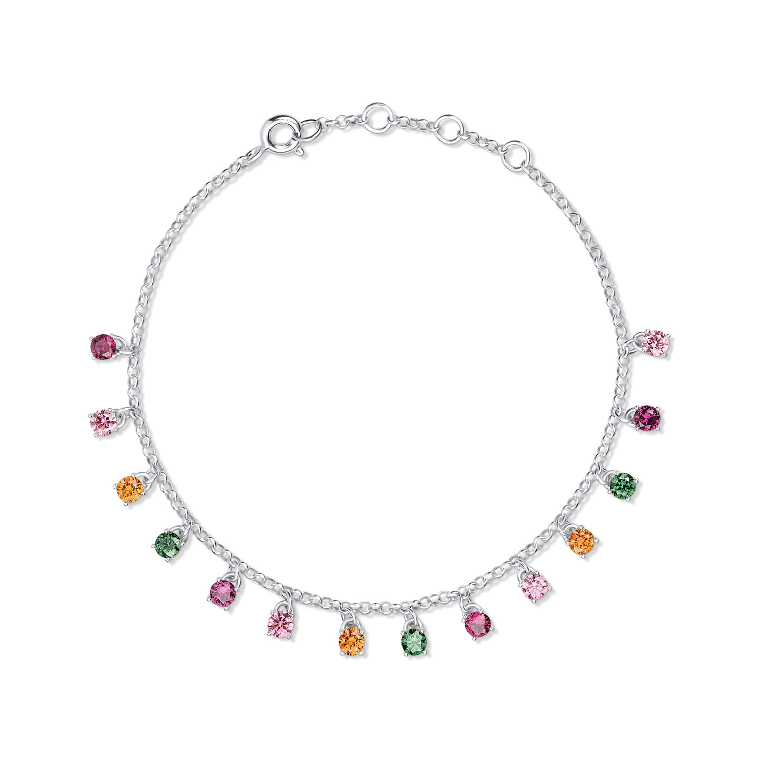 Pulseira com elos prateados e pingentes de pedras coloridas em tons de rosa, roxo, laranja e verde.