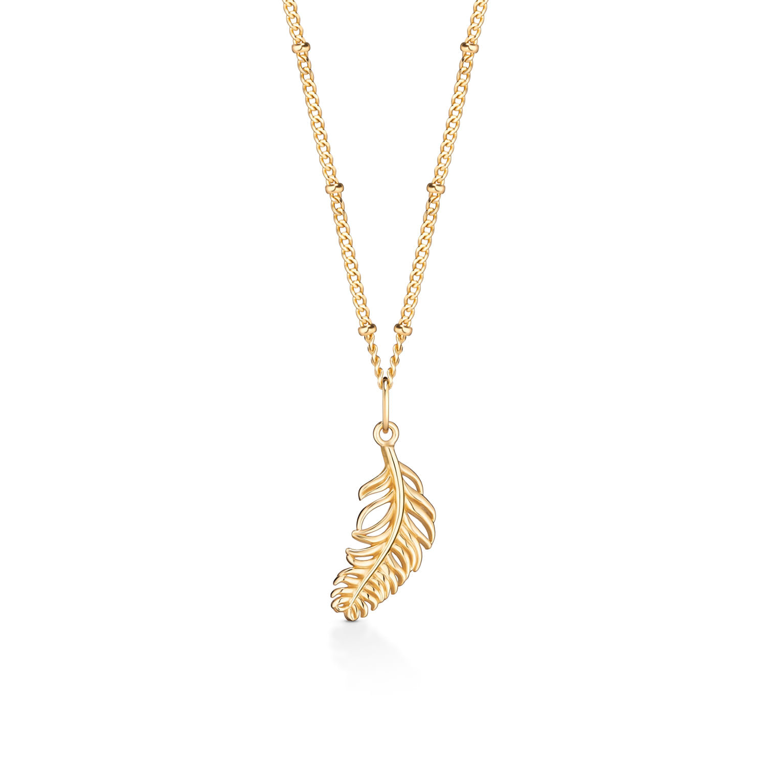 Colar dourado com pingente de folha dourada em formato de pena, em fundo branco.