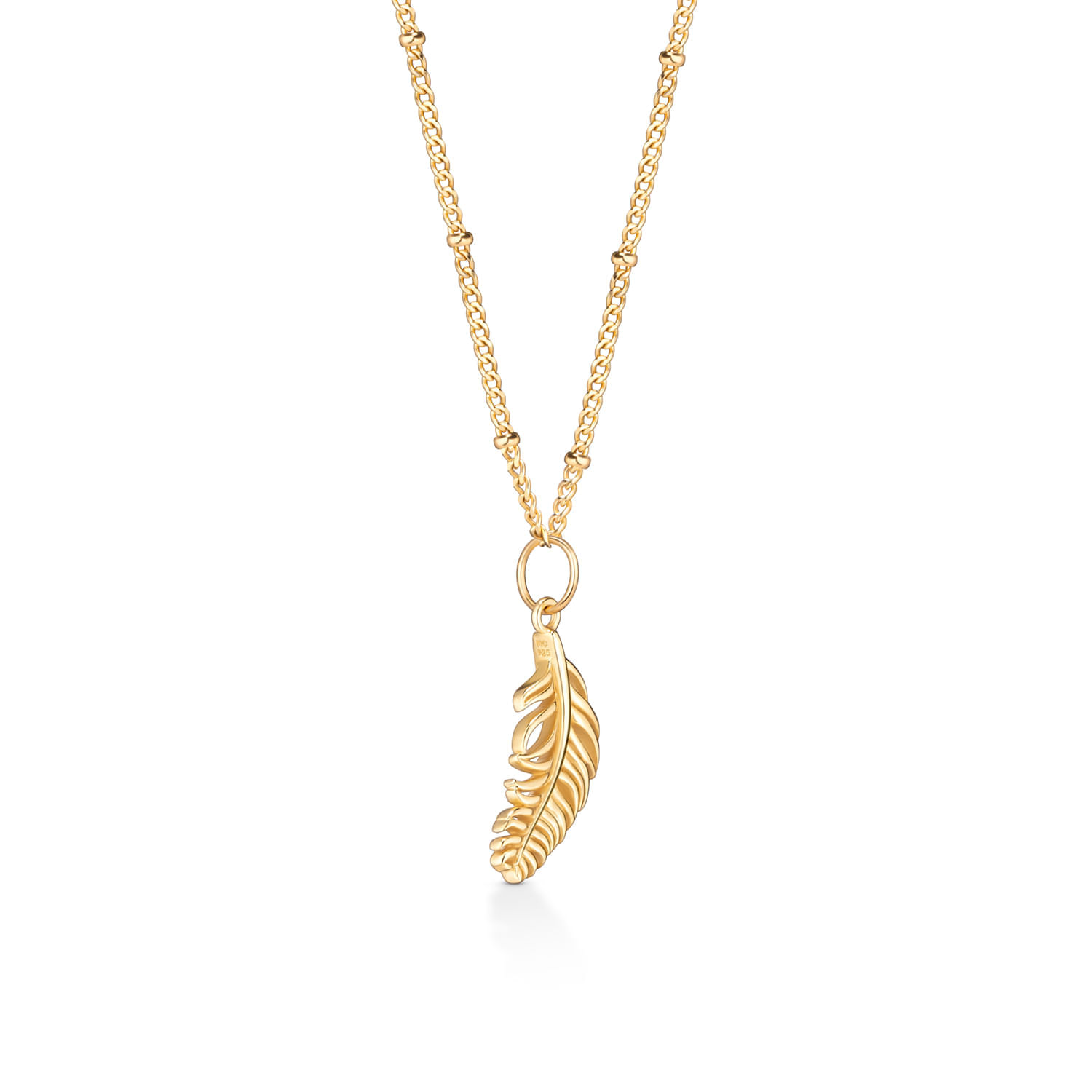 Colar dourado com pingente de pena detalhada.