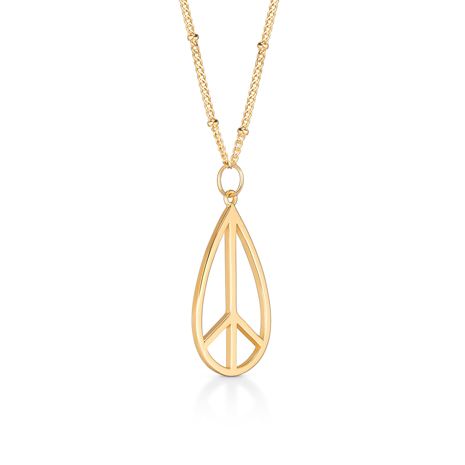 Colar dourado com pingente em forma de símbolo da paz.