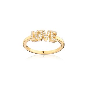 Anel Love Cravejado em Prata 925 com Banho de Ouro Amarelo 18k