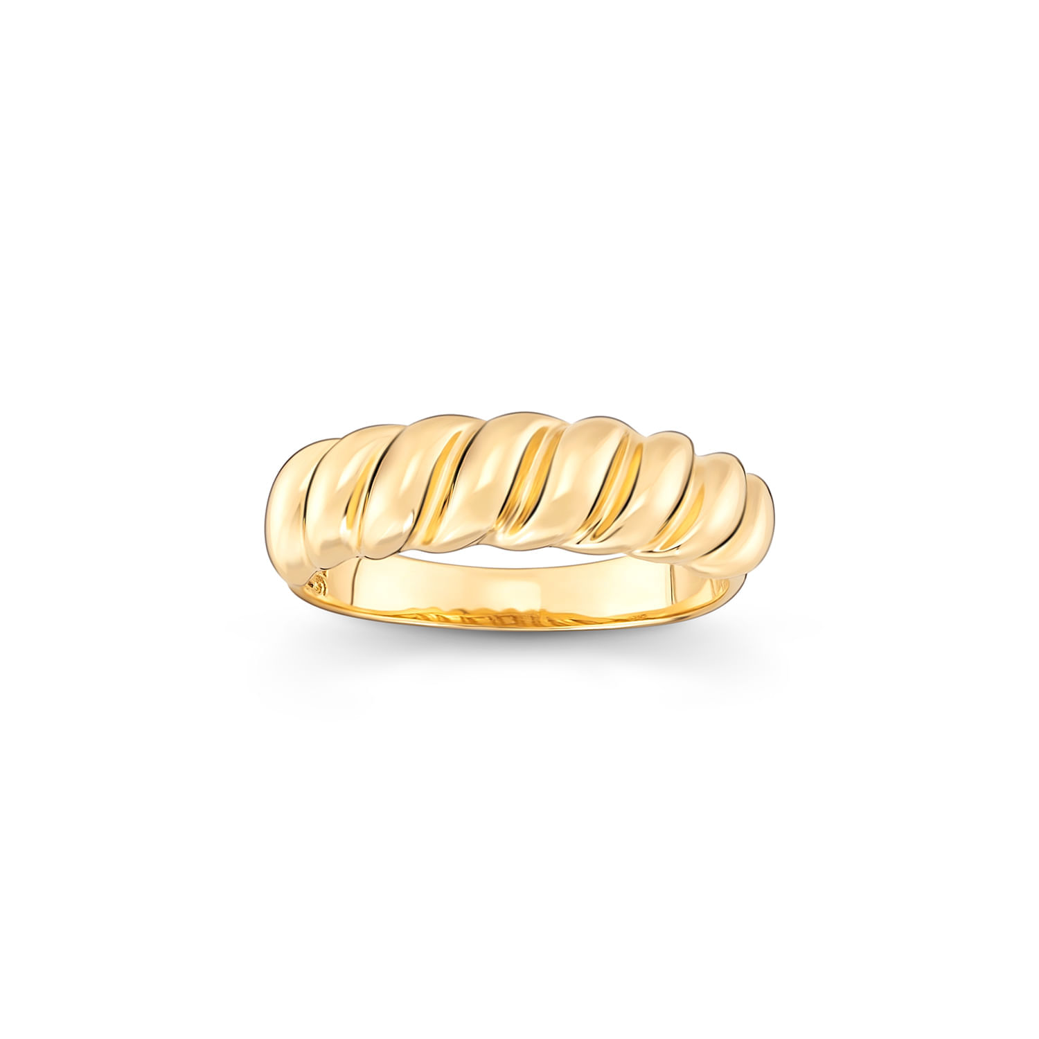 Anel dourado com acabamento lustroso e design torcido, com linhas diagonais no topo.