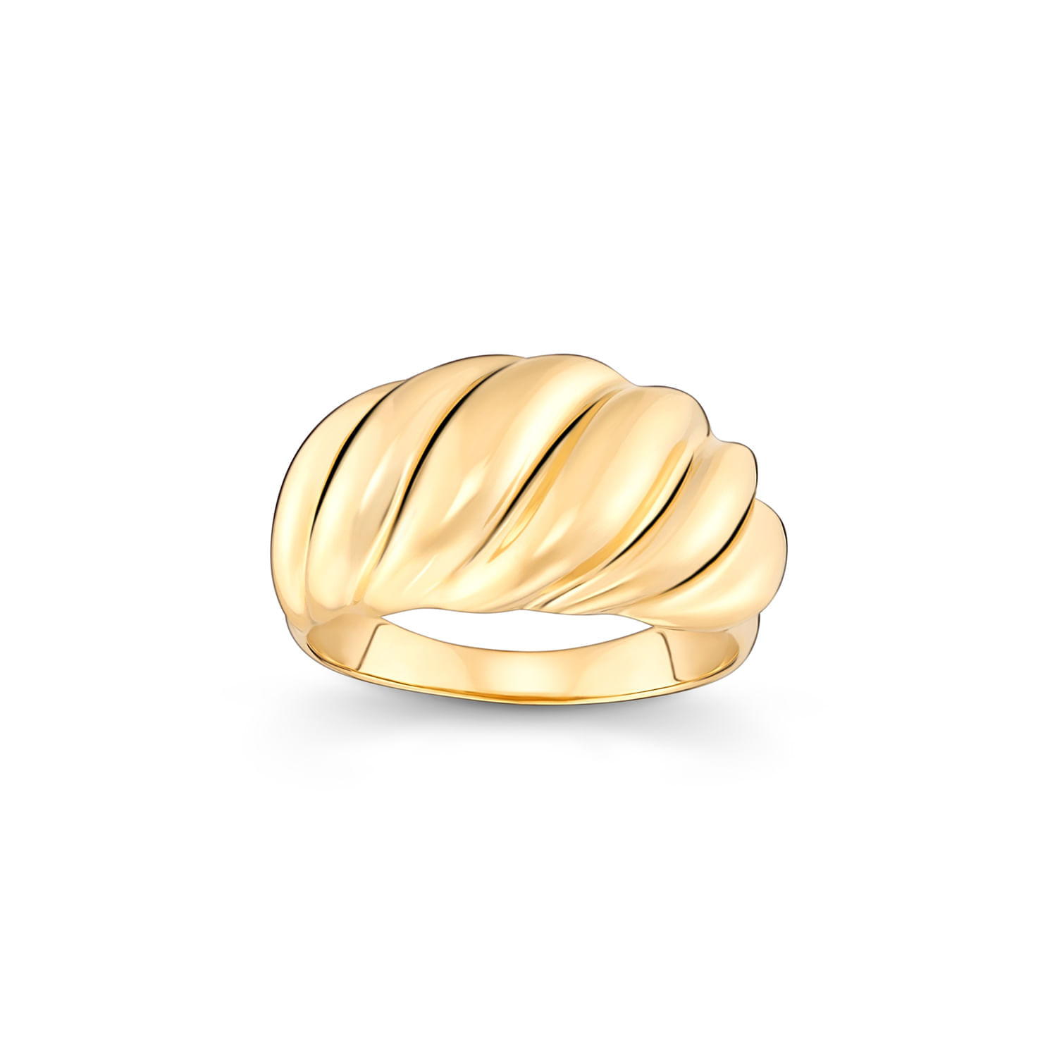 Anel dourado com design ondulado e espiral, com acabamento polido e brilhante.