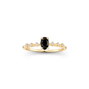 Anel Solitário Gota com Quartzo Negro e Diamantes em Ouro Amarelo 18k