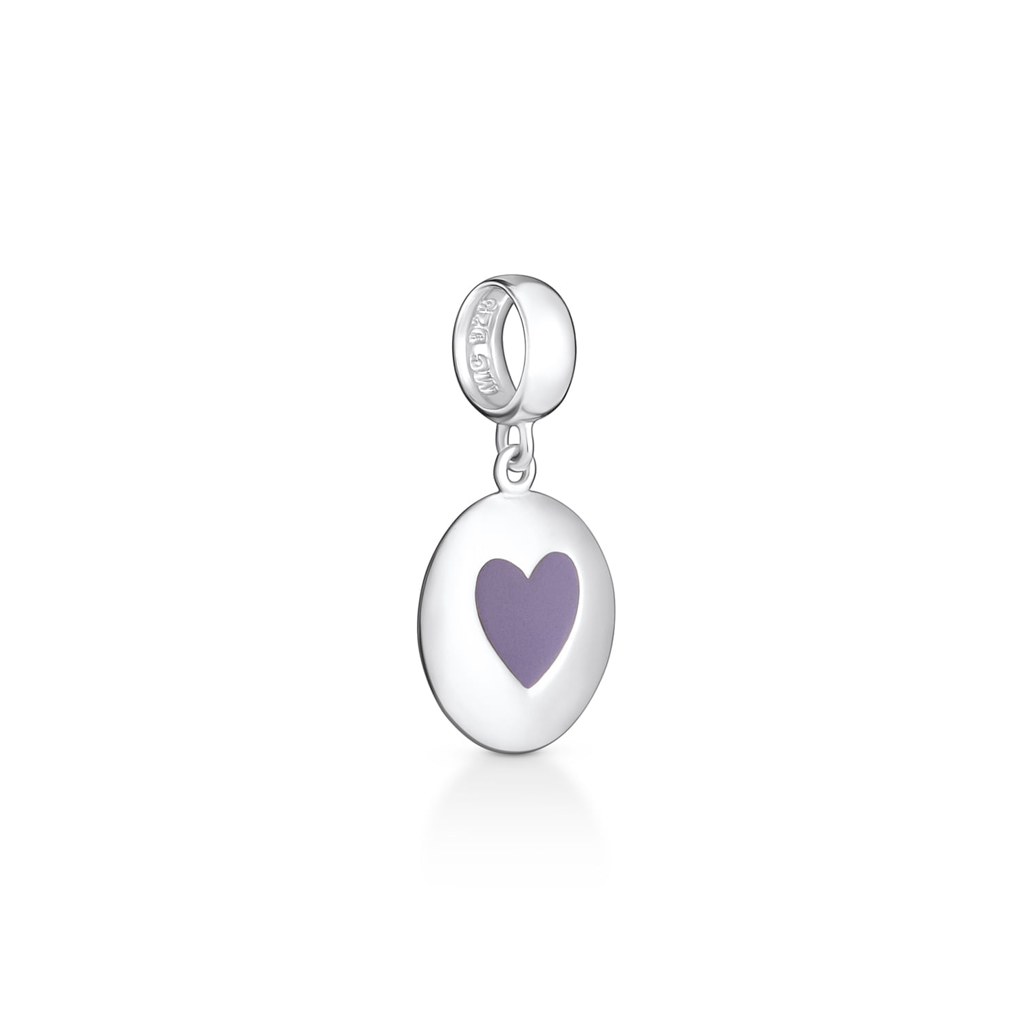 Pingente de símbolo de coração roxo em torno de ovo prateado, com argola de trava.