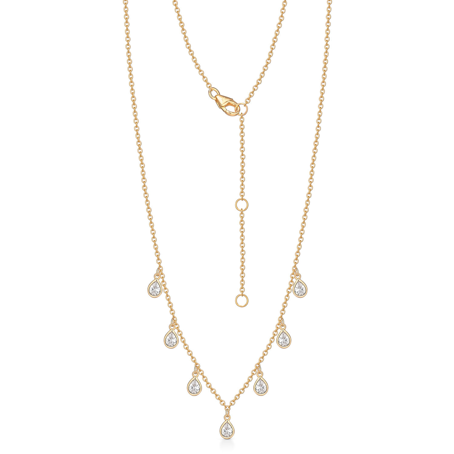 Colar dourado com pingentes de gota cravejados com pedras transparentes, com duas correntes finas e ajustáveis.