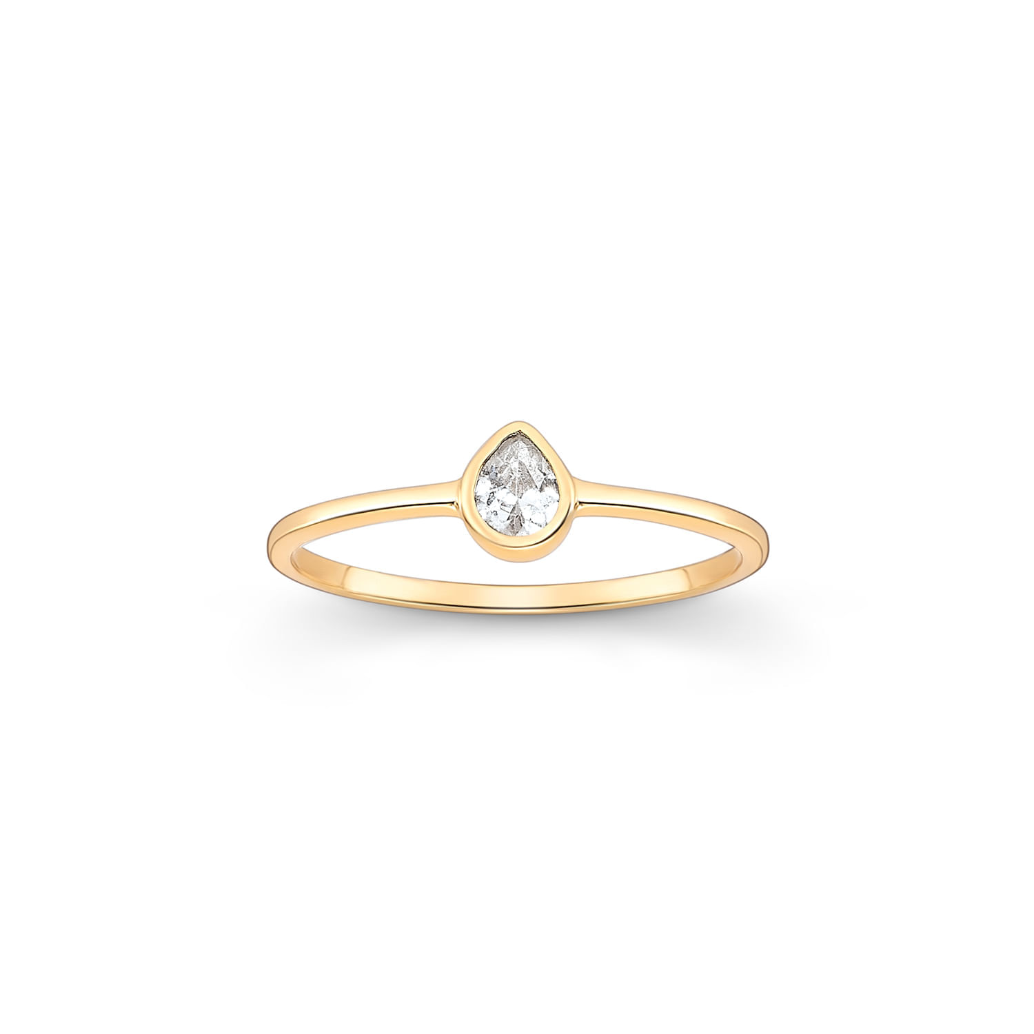 Anel delicado com uma pedra em formato de gota, em ouro amarelo, com fundo branco.
