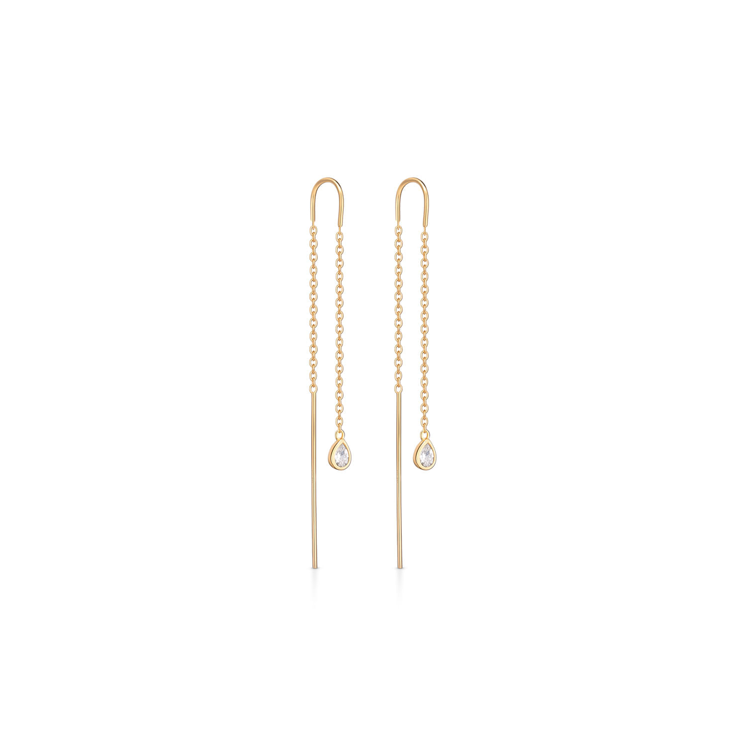 Brincos pendentes dourados com detalhes de cristais e hastes alongadas, estilo delicado e elegante.