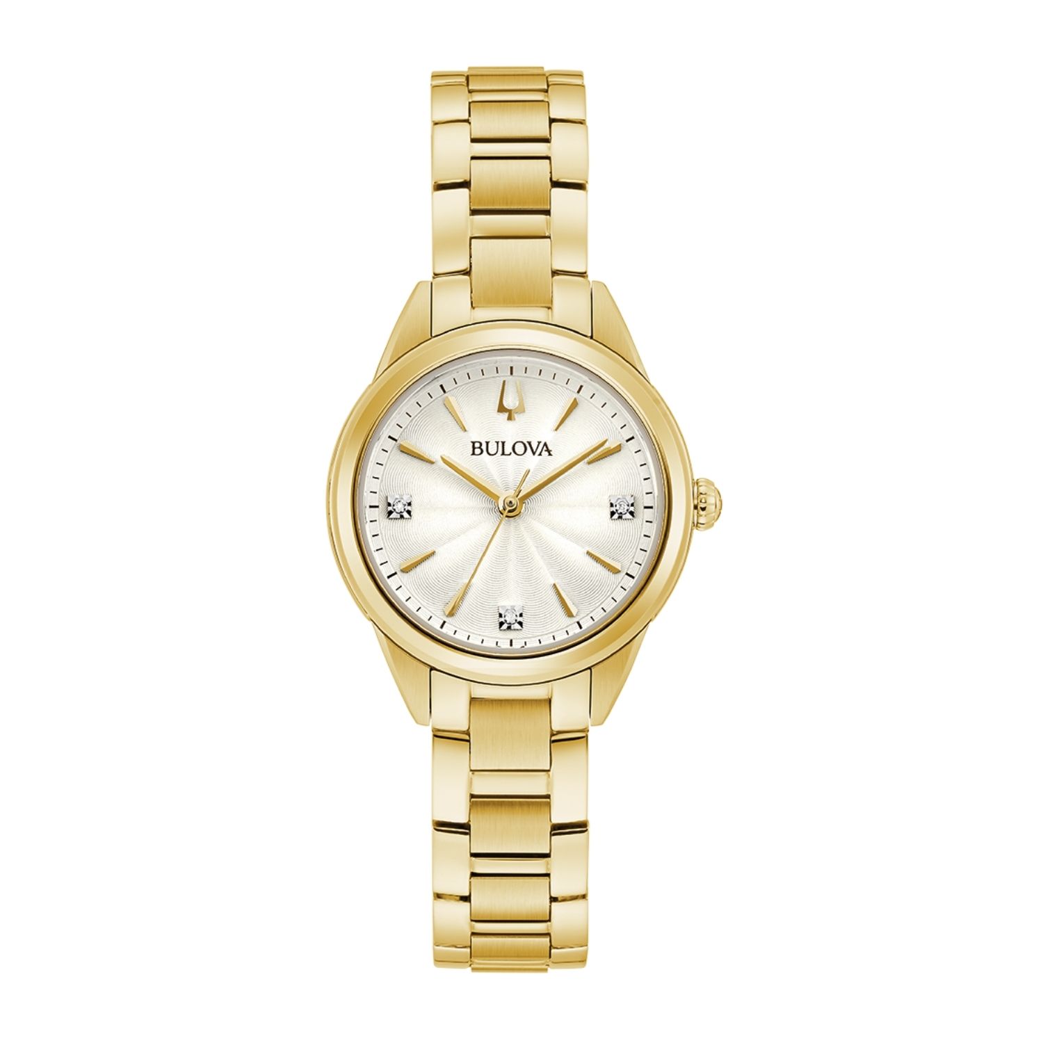 Relógio feminino dourado com mostrador prateado, marcadores de horas com detalhes em pedra e pulseira de metal.