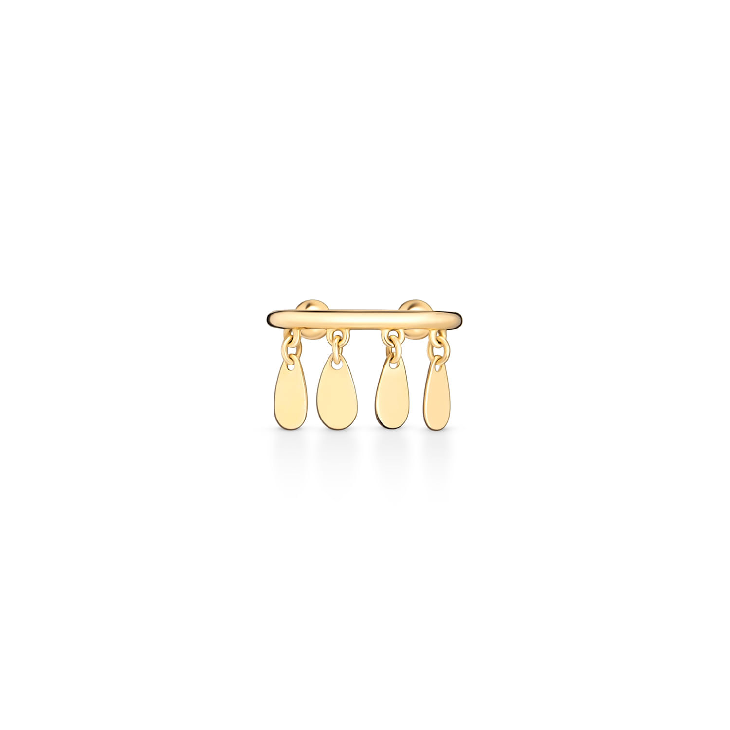 Anel dourado com quatro pingentes de gota pendurados na parte superior.