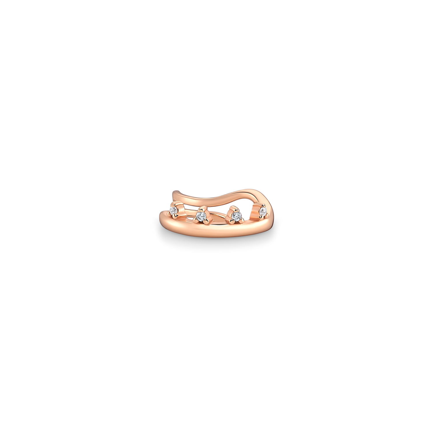 Anello dourado com desenho curvo e cinco diamantes pequenos.