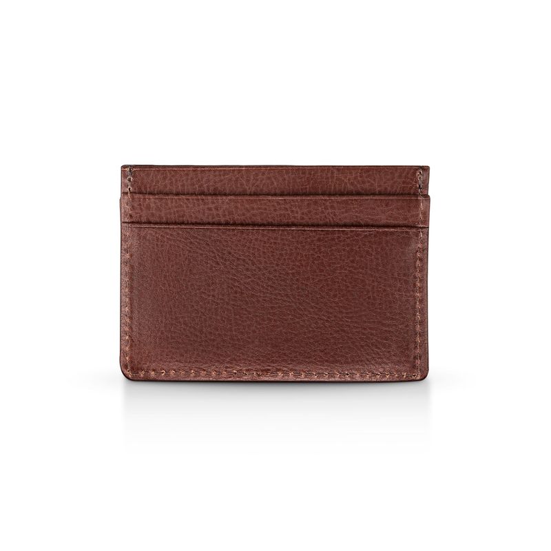 Carteira masculina de couro marrom com detalhes em ponto de costura, vista frontal.