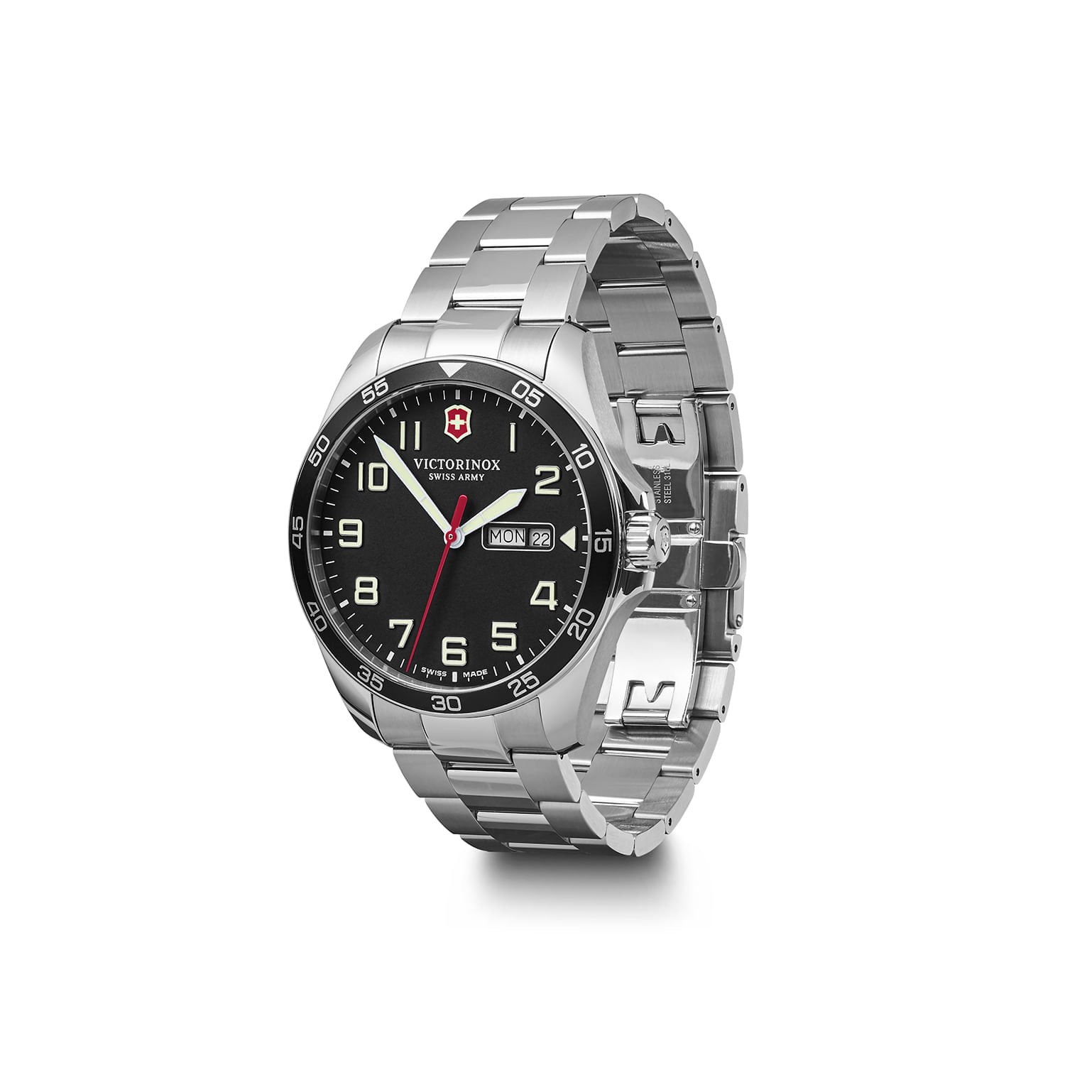 Relógio de pulso com pulseira de aço inox, mostrador preto com números brancos, data e dia da semana, marca Victorinox Swiss Army.