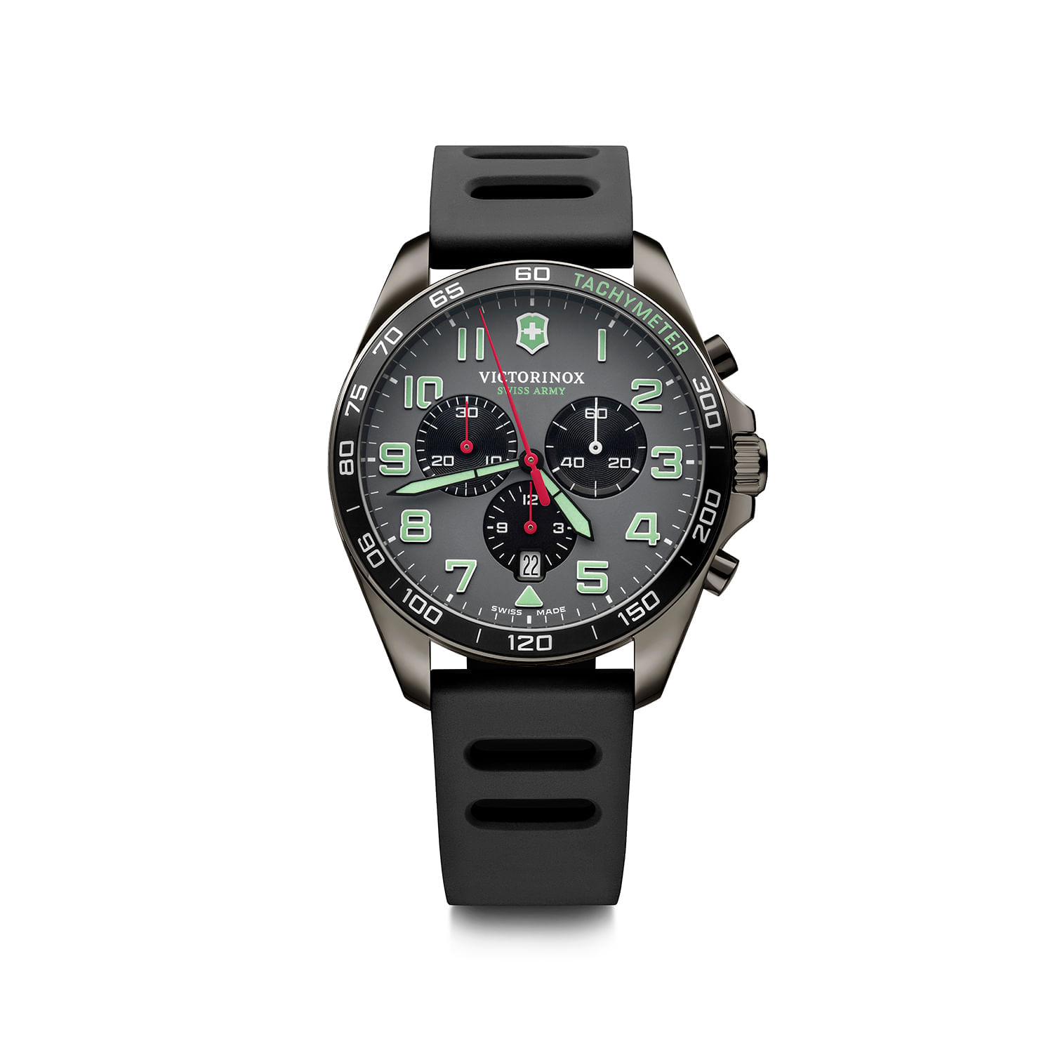 Relógio Victorinox Swiss Army com mostrador preto, pulseira de borracha preta, cronógrafo e detalhes em verde e vermelho.