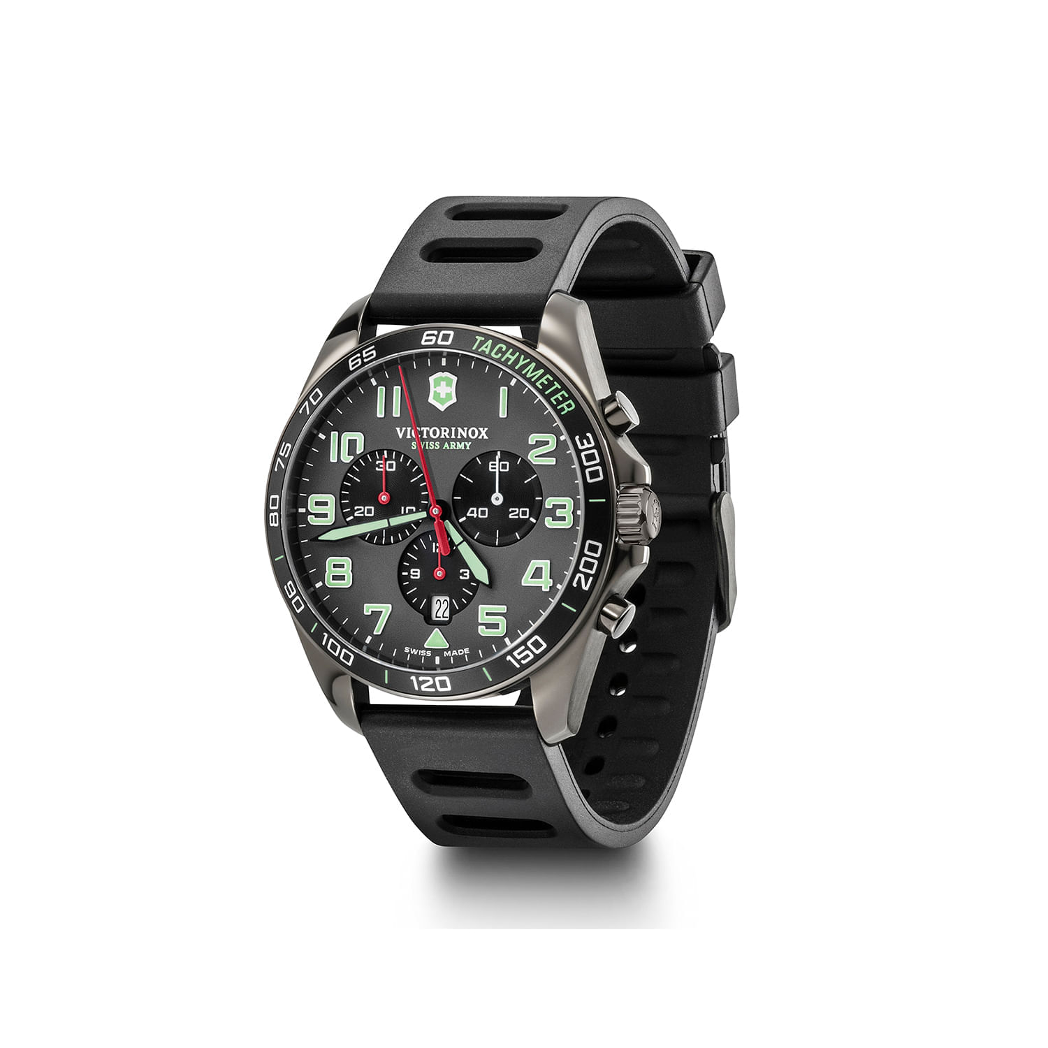 Relógio de pulso com mostrador preto, detalhes em verde e vermelho, pulseira preta de silicone e função cronógrafo.