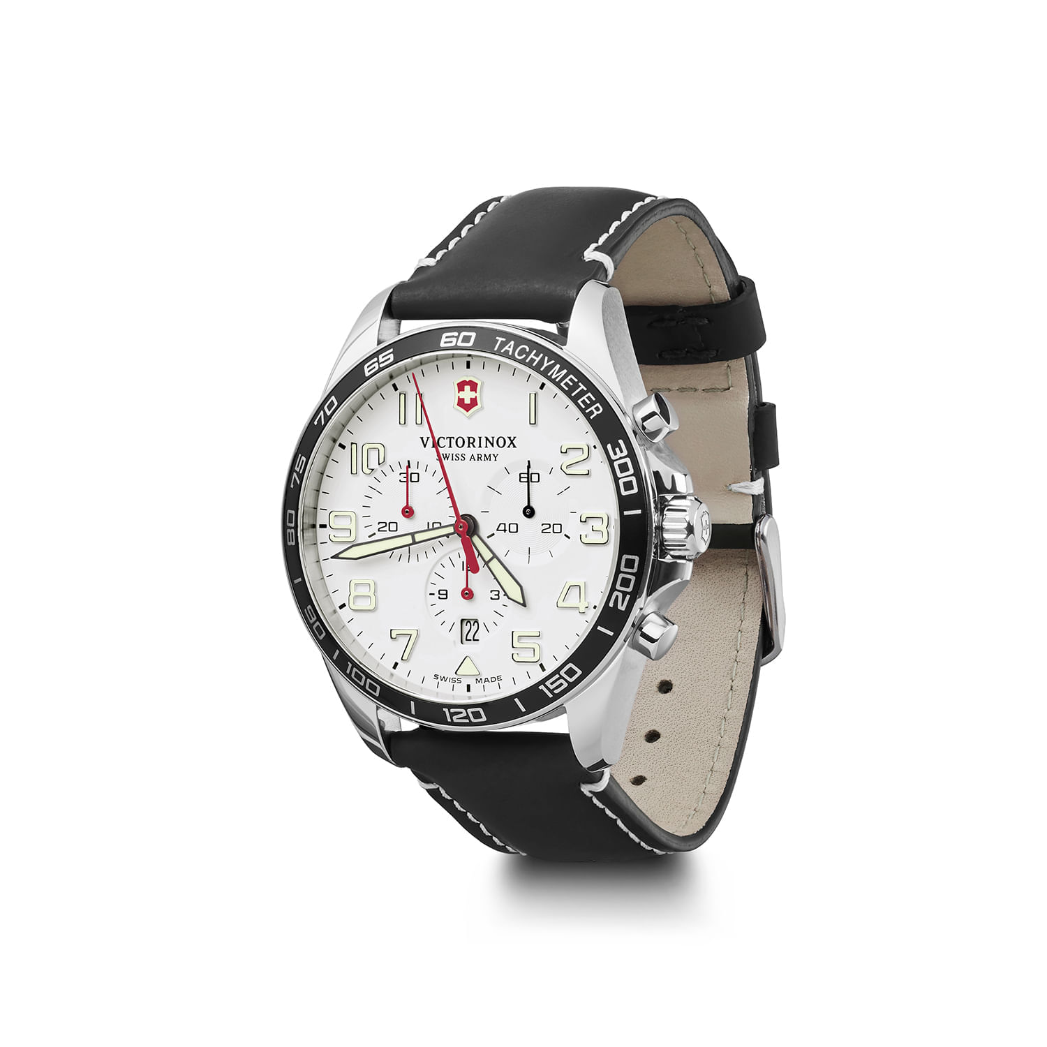 Relógio Victorinox Swiss Army com mostrador branco, pulseira de couro preta com costura branca, e detalhes em aço inox.