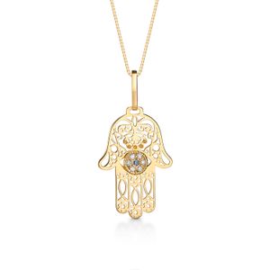 Pingente Hamsa com 3 Pontos de Diamantes e Safira Azul em Ouro Amarelo 18k