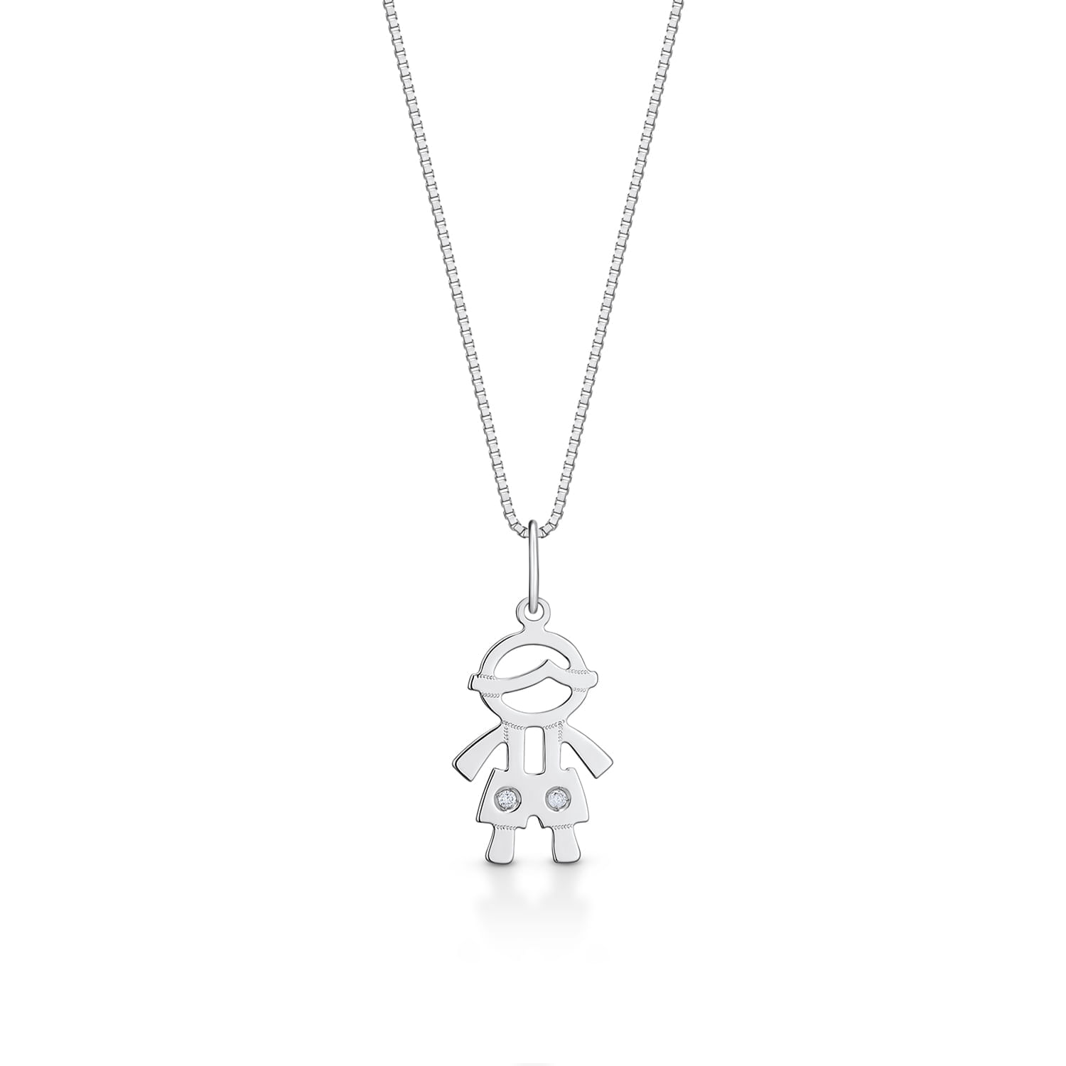 Colar com pingente de menino com chapéu, feito de metal prateado, suspenso por corrente fina.