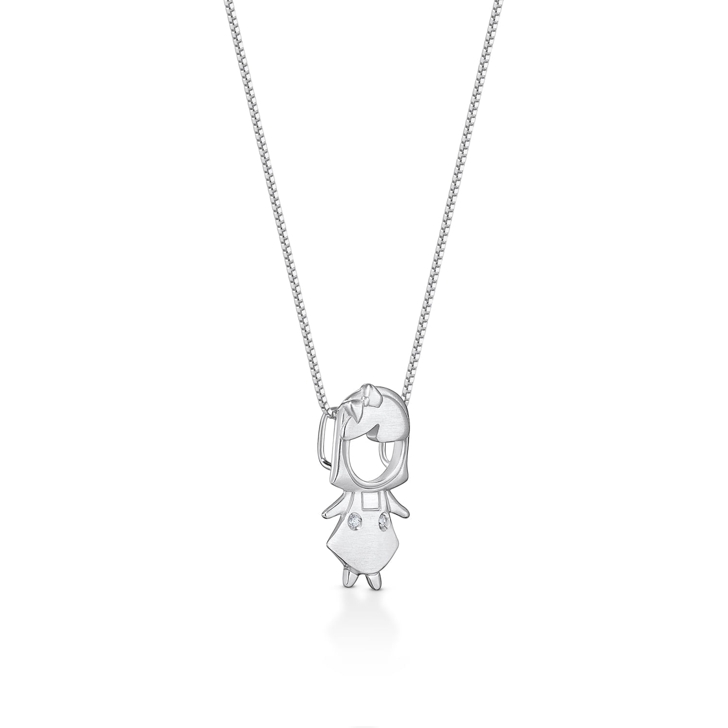 Colar com pingente de uma personagem estilizada, com cabelo e vestido em prata, suspenso por corrente fina.