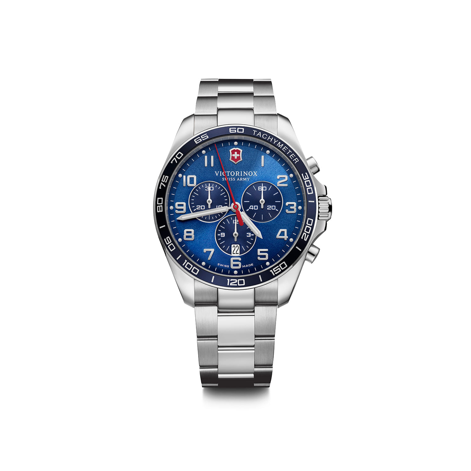 Relógio masculino com pulseira de aço prateado, mostrador azul com detalhes em branco e vermelho, e três subdials.