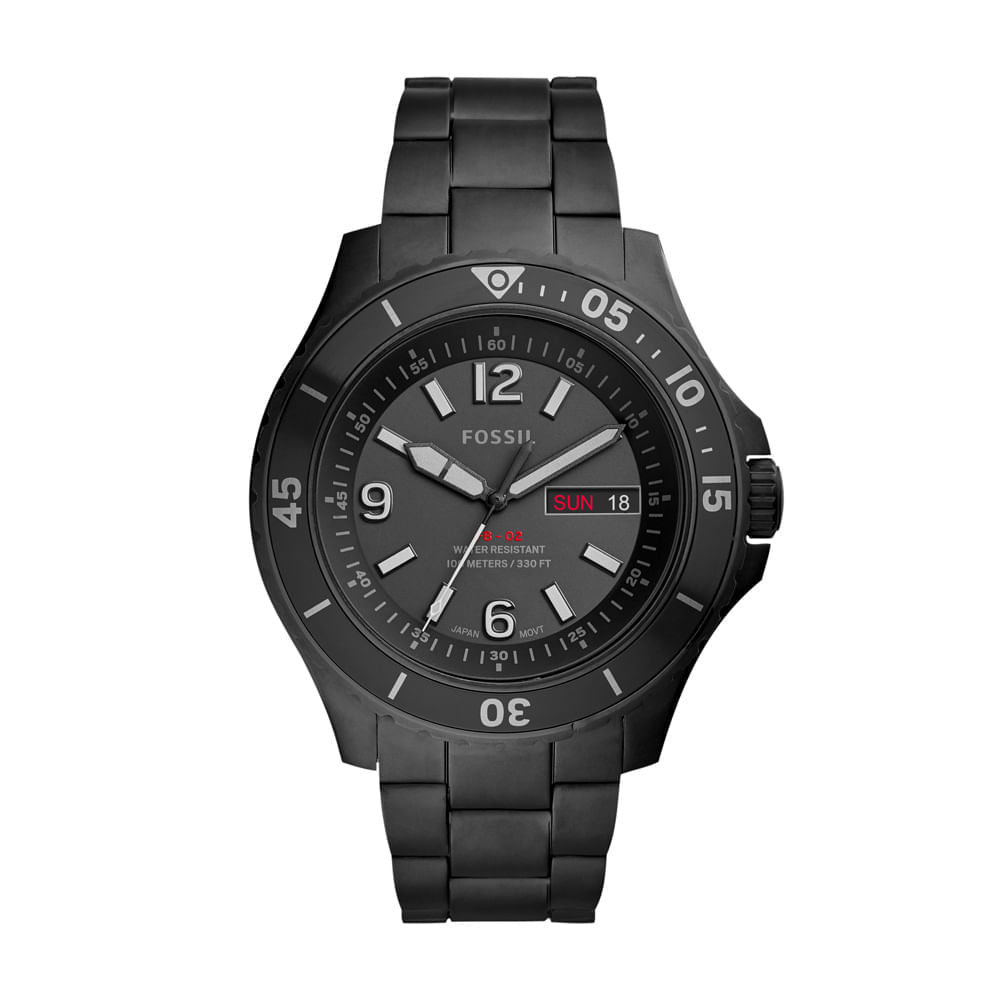 Relógio preto com pulseira de metal, mostrador analógico com data e dia, resistência à água até 10 metros.