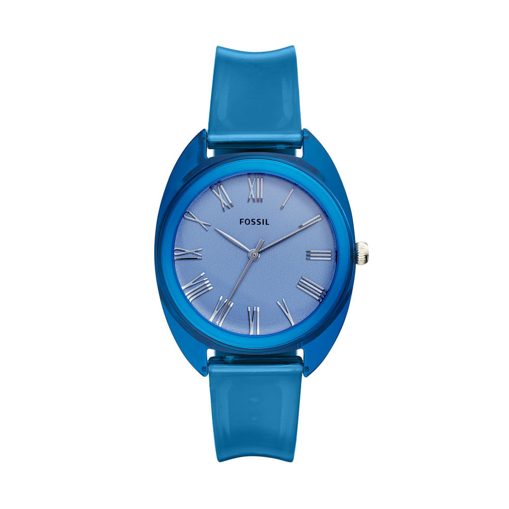 Relógio feminino azul com pulseira de plástico, mostrador com números romanos e detalhes em prata, da marca Fossil.
