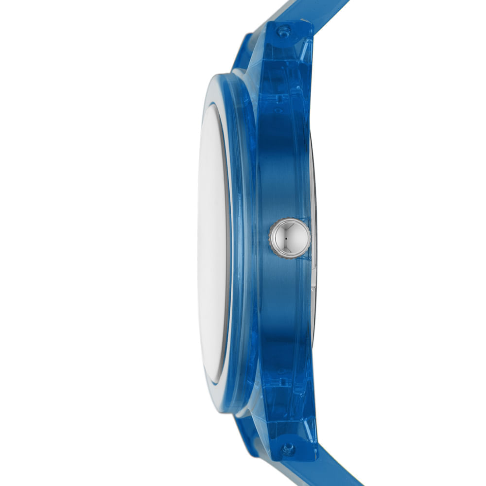 Relógio de praia com pulseira azul e caixa branca, visto de lado, com mostrador circular branco.