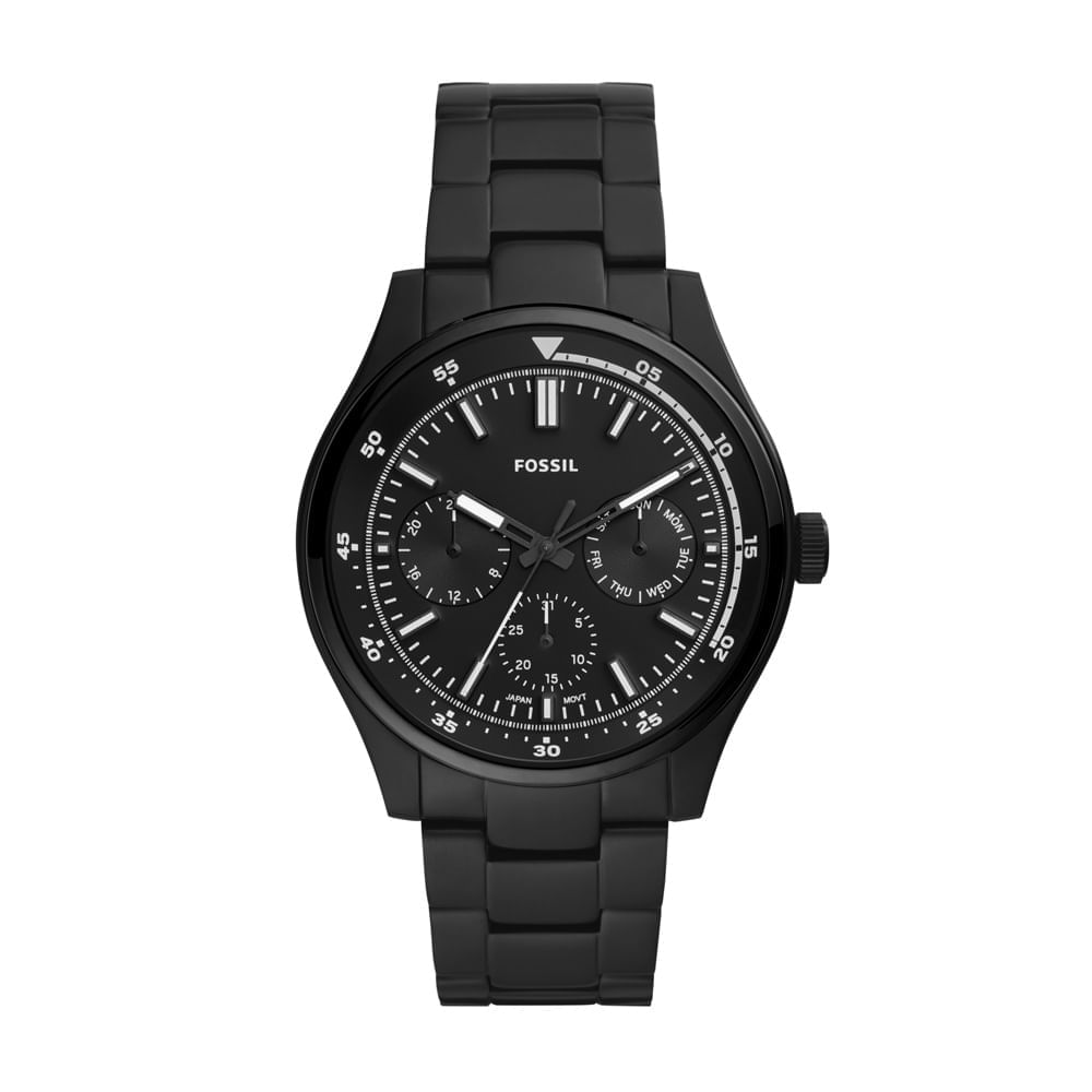Relógio preto da Fossil com caixa e pulseira de metal, mostrador com várias funções e detalhes brancos, e cronógrafo.