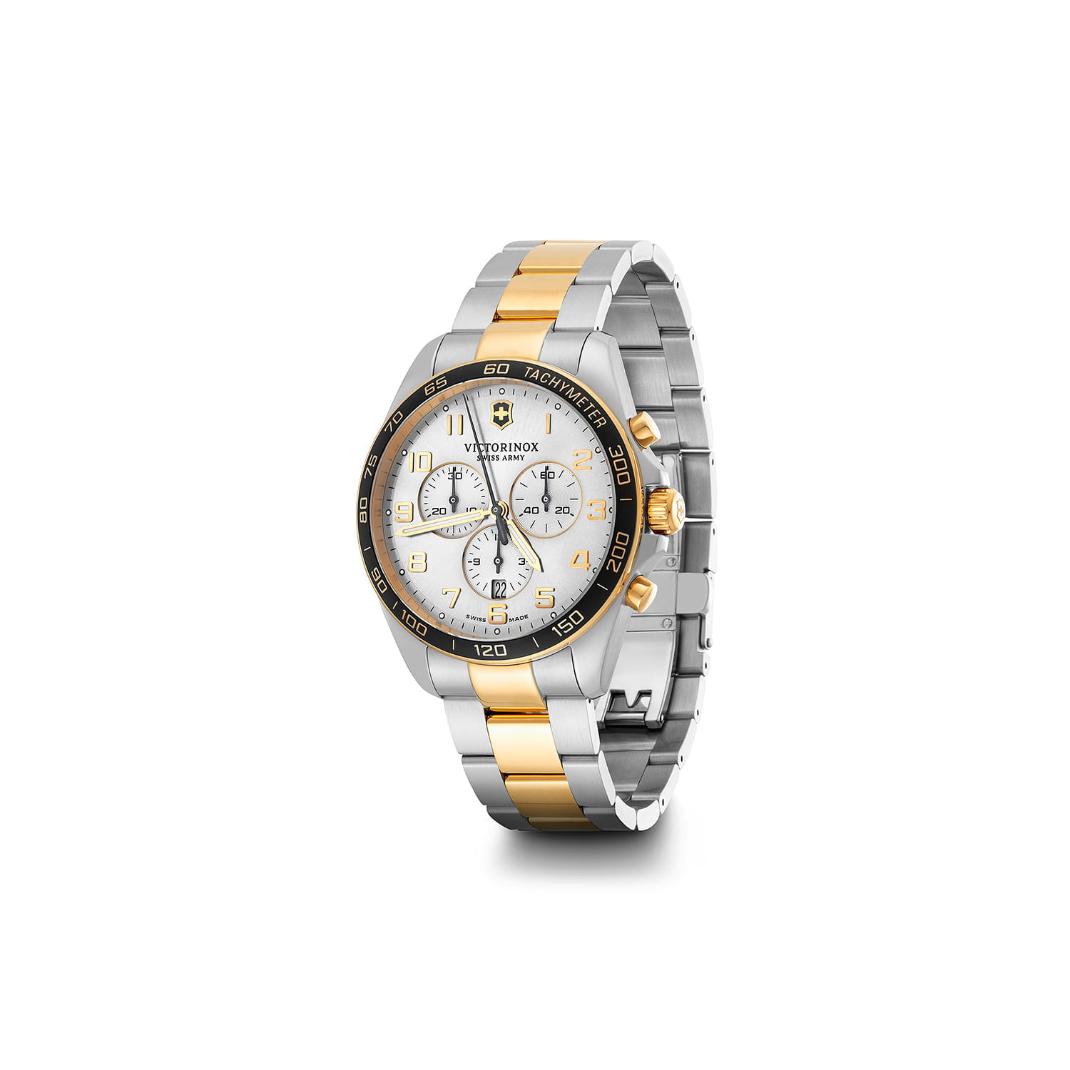 Relógio de pulso com pulseira de metal em prata e detalhes em dourado, mostrador branco com cronógrafos e tachymeter na moldura preto com dourado.