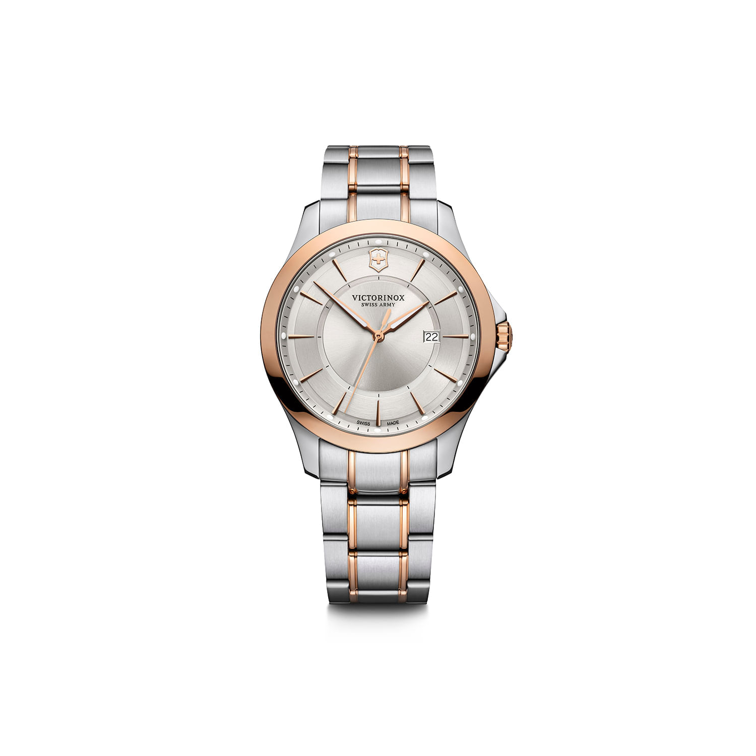 Relógio feminino de pulseira metálica dupla com detalhes em rosé, mostrador prateado e data na posição 3 horas.