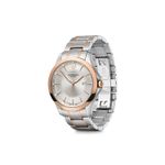 Relógio de pulso com pulseira de aço prateado e detalhes em rosê, mostrador prateado, data, e ponteiros dourados.