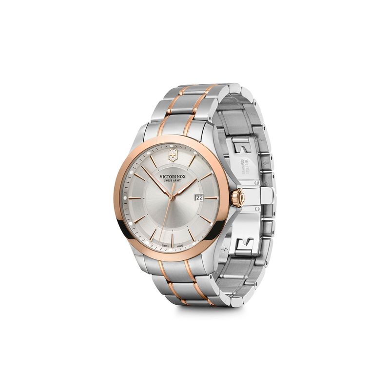 Relógio de pulso com pulseira de aço prateado e detalhes em rosê, mostrador prateado, data, e ponteiros dourados.