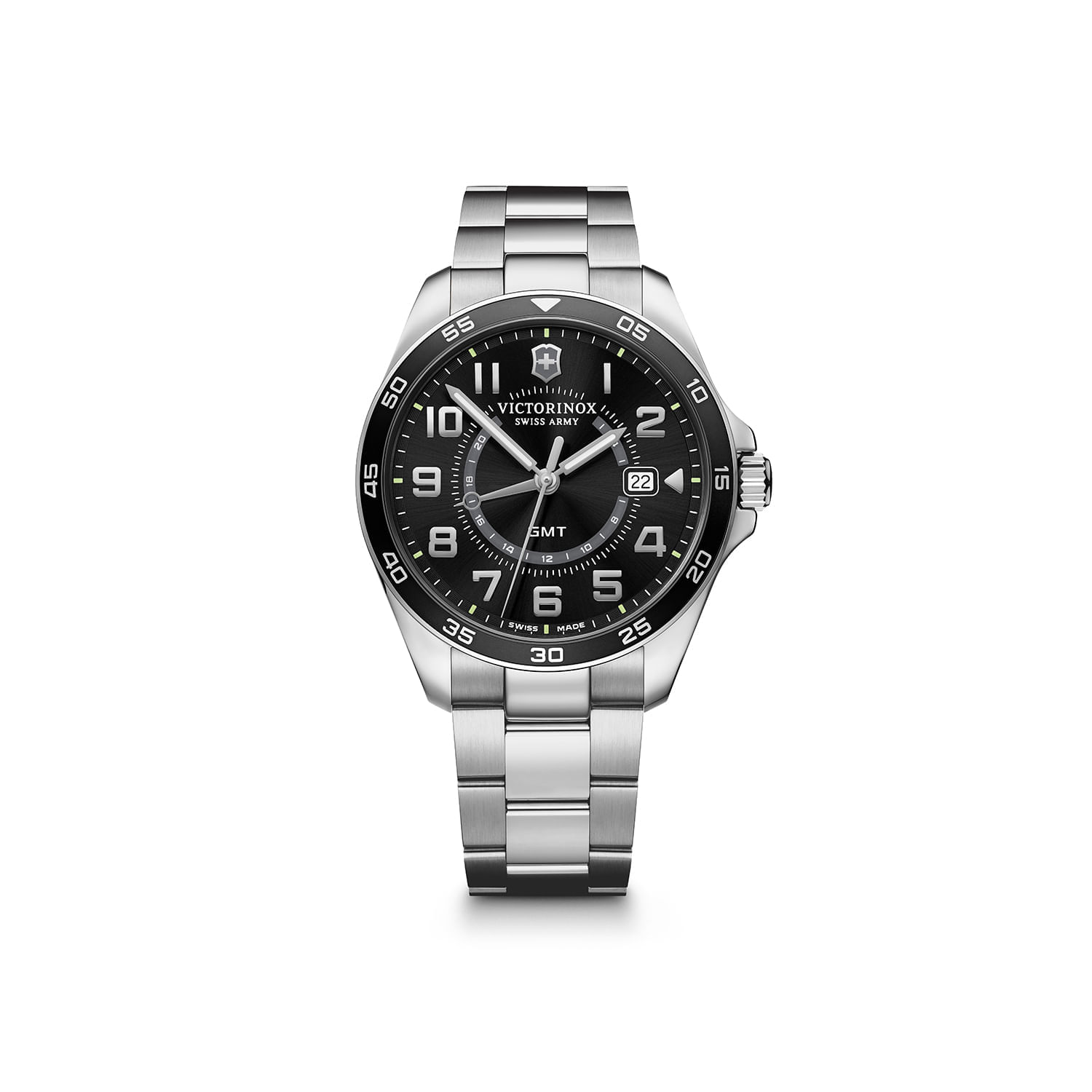Relógio de aço com mostrador preto, números brancos, data e ponteiros prateados, com pulseira de metal e luneta preta.