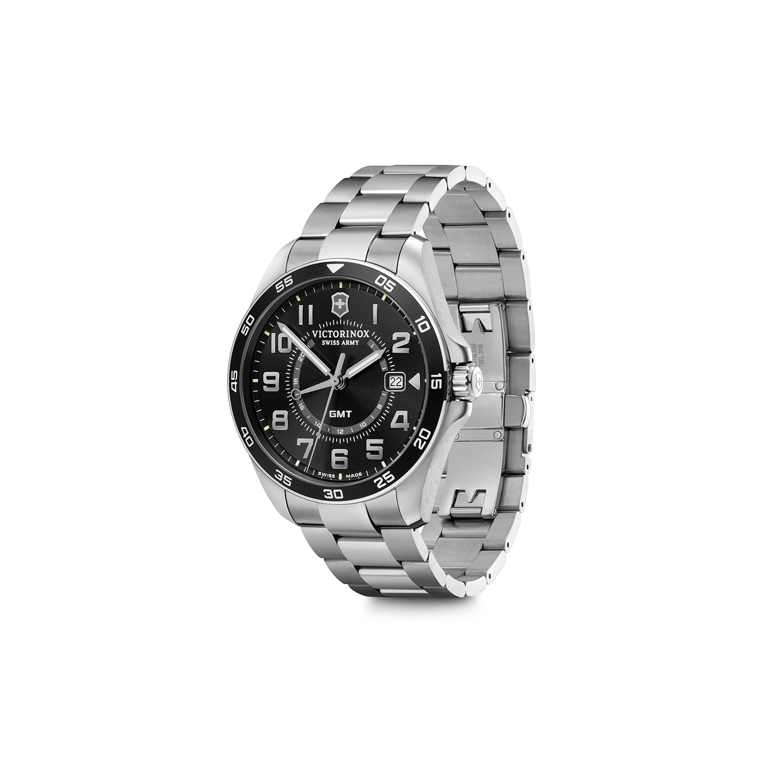 Relógio masculino com pulseira de aço prateado, mostrador preto com detalhes brancos e indicação de data, marca Victorinox Swiss Army.