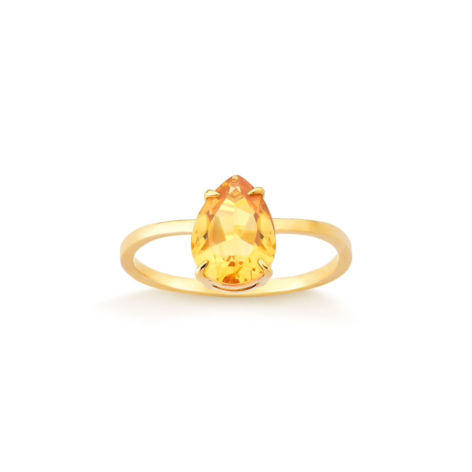 Anel com uma pedra amarelo-alaranjada em formato de gota, em uma argola dourada simples, sobre fundo branco.