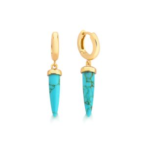 Argola Dente de Sabre com Cristal Turquesa em Prata 925 com Banho de Ouro Amarelo 18k