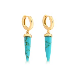 Argola Dente de Sabre com Cristal Turquesa em Prata 925 com Banho de Ouro Amarelo 18k