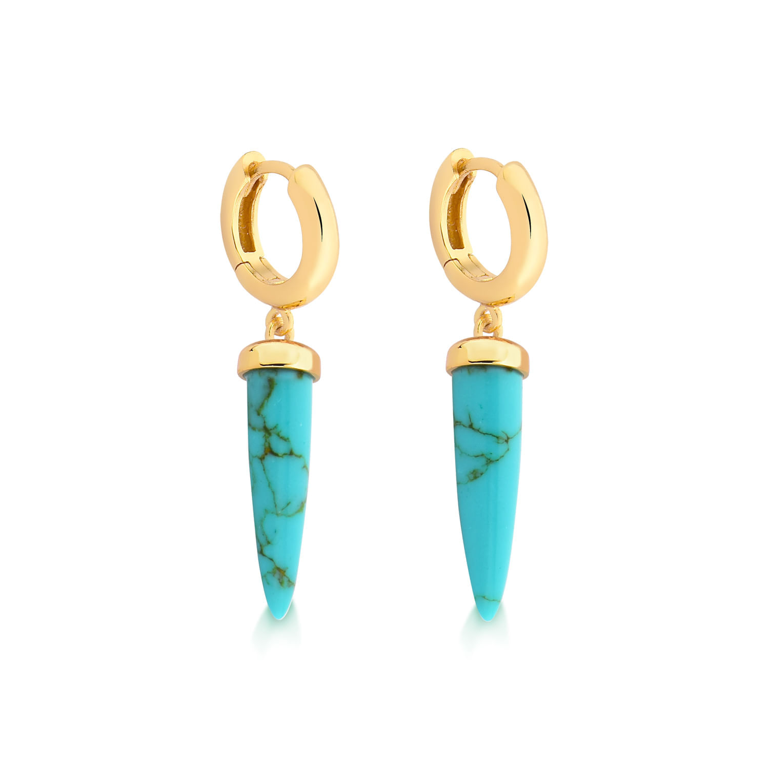 Brincos de argola dourados com pingentes de turquoise alongados.