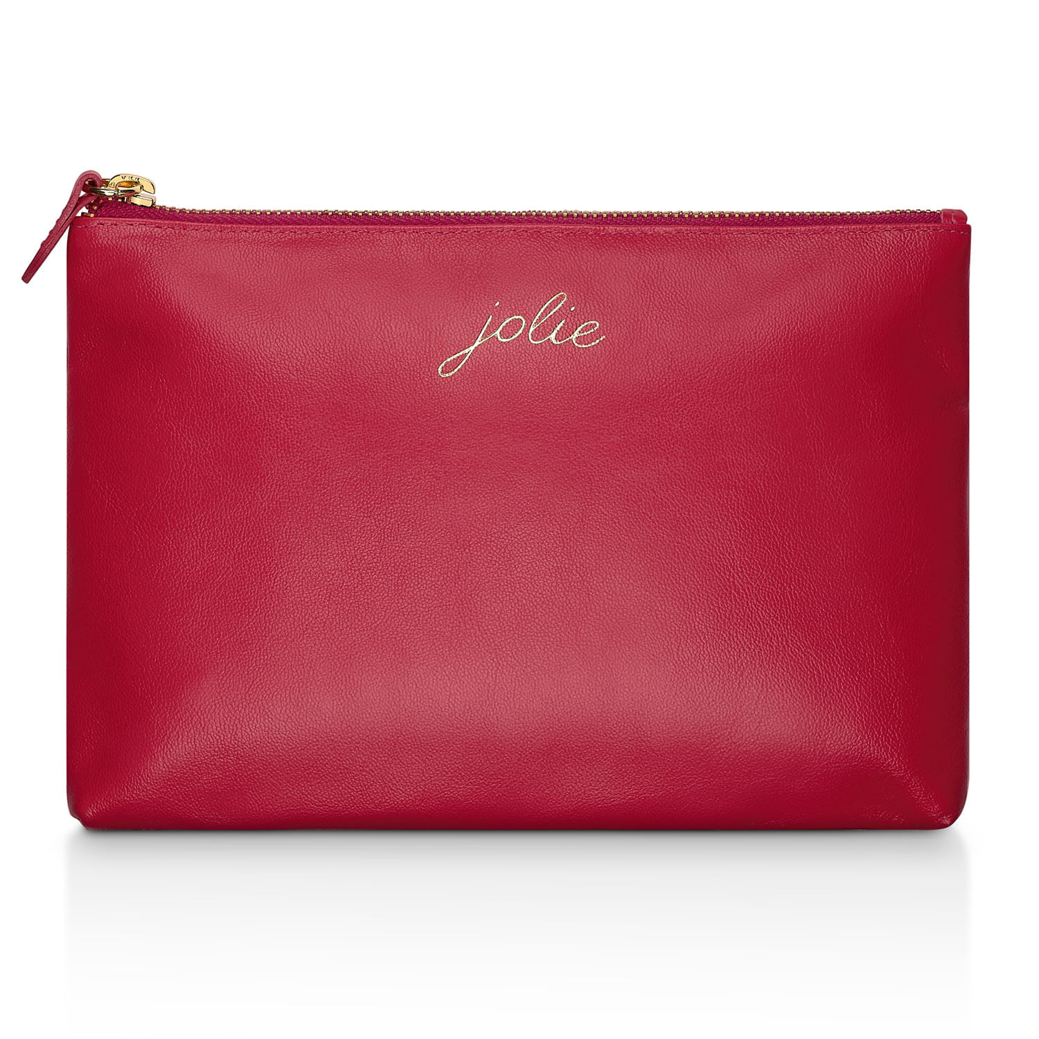 Clutch vermelha de material sintético com zíper dourado e escrito "jolie" em branco na parte superior central.