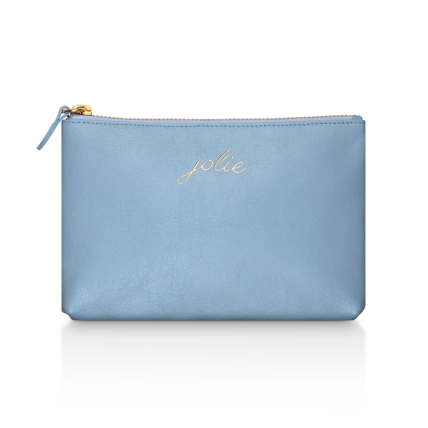 Clutch azul claro com fechamento de zíper dourado e a palavra "jolie" escrita em letra dourada na frente.