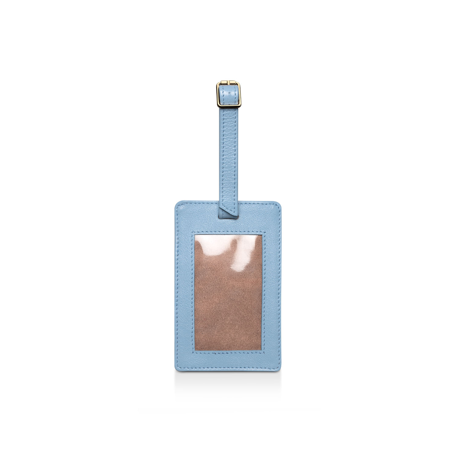 Lanyard azul com porta-cartões transparente, bolso para exibir identificação e alça ajustável com fivela dourada.