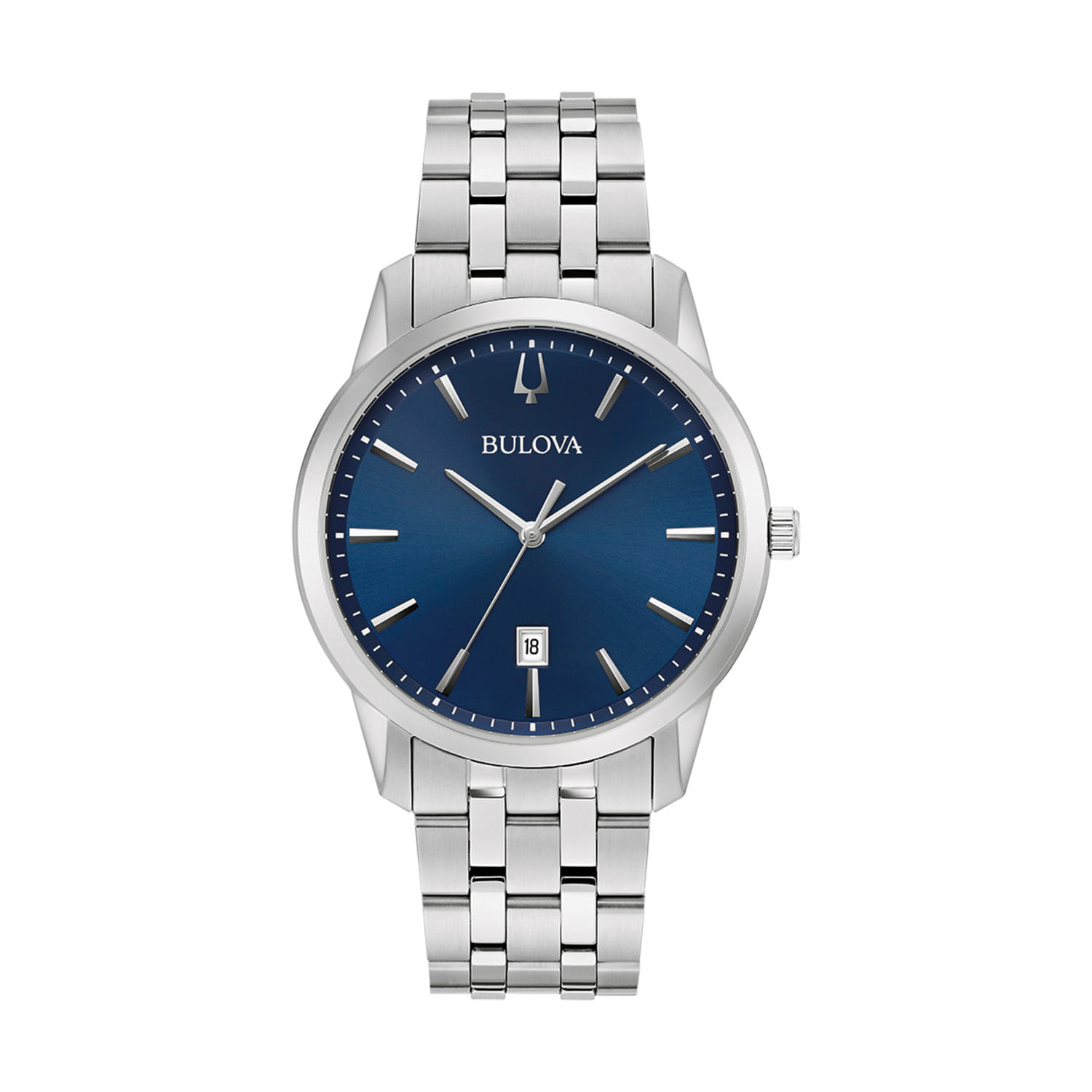Relógio masculino com pulseira de aço e mostrador azul, exibindo data e três ponteiros.