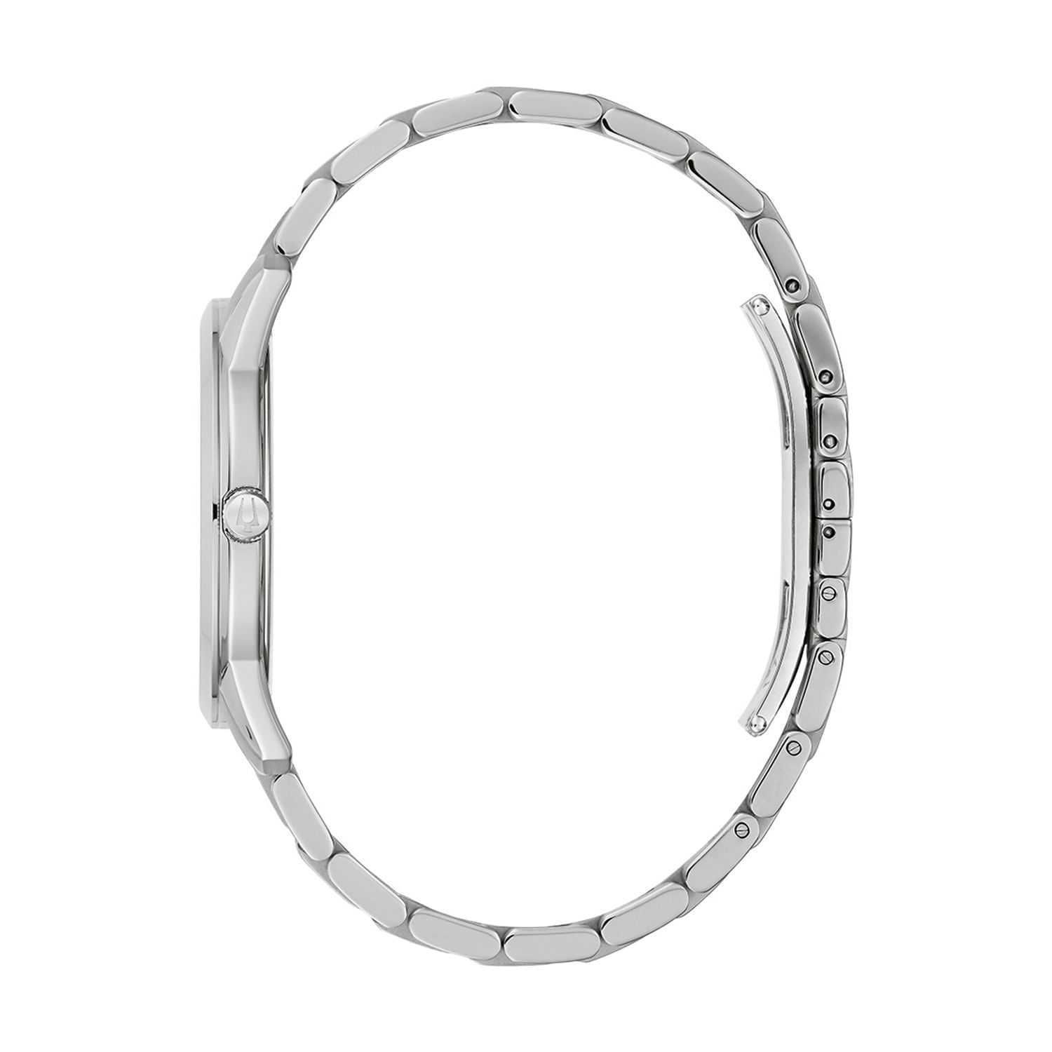 Relógio de pulso com pulseira de metal prateada visto de perfil, destacando a caixa e o fecho.
