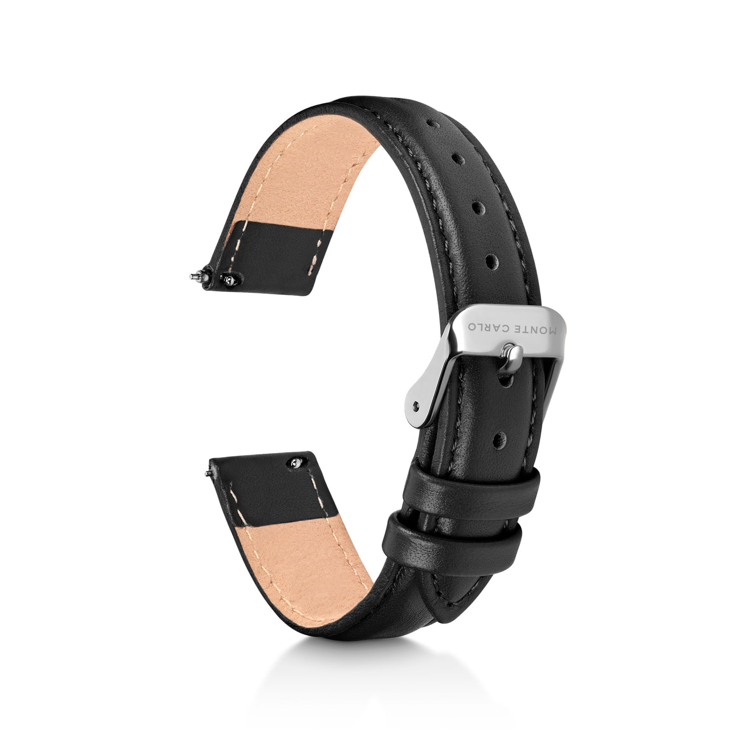 Pulseira de relógio de couro preta com fecho prateado e detalhe gravado "MONTE CARLO".