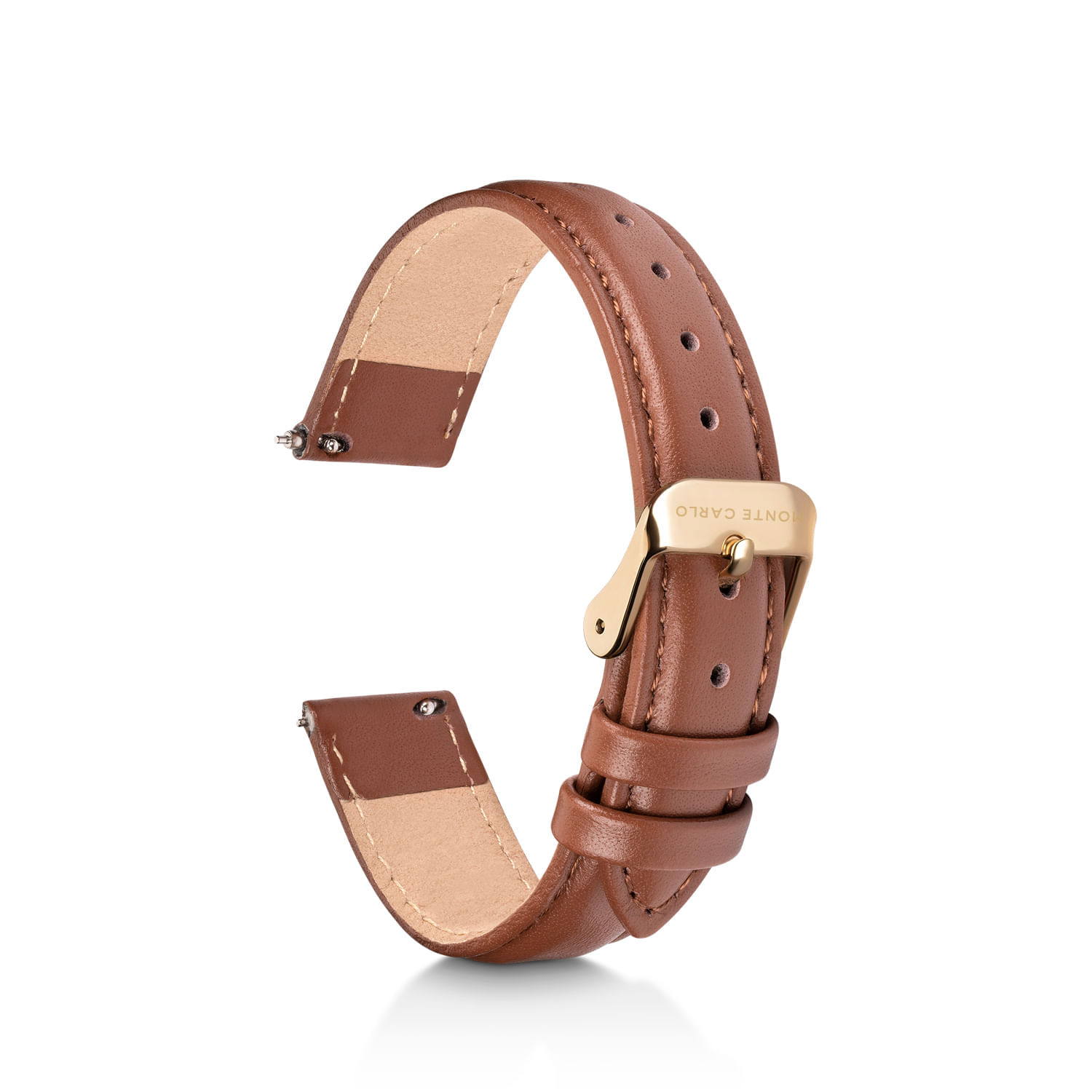Pulseira de couro marrom com fecho de metal dourado marcando "Monte Carlo".