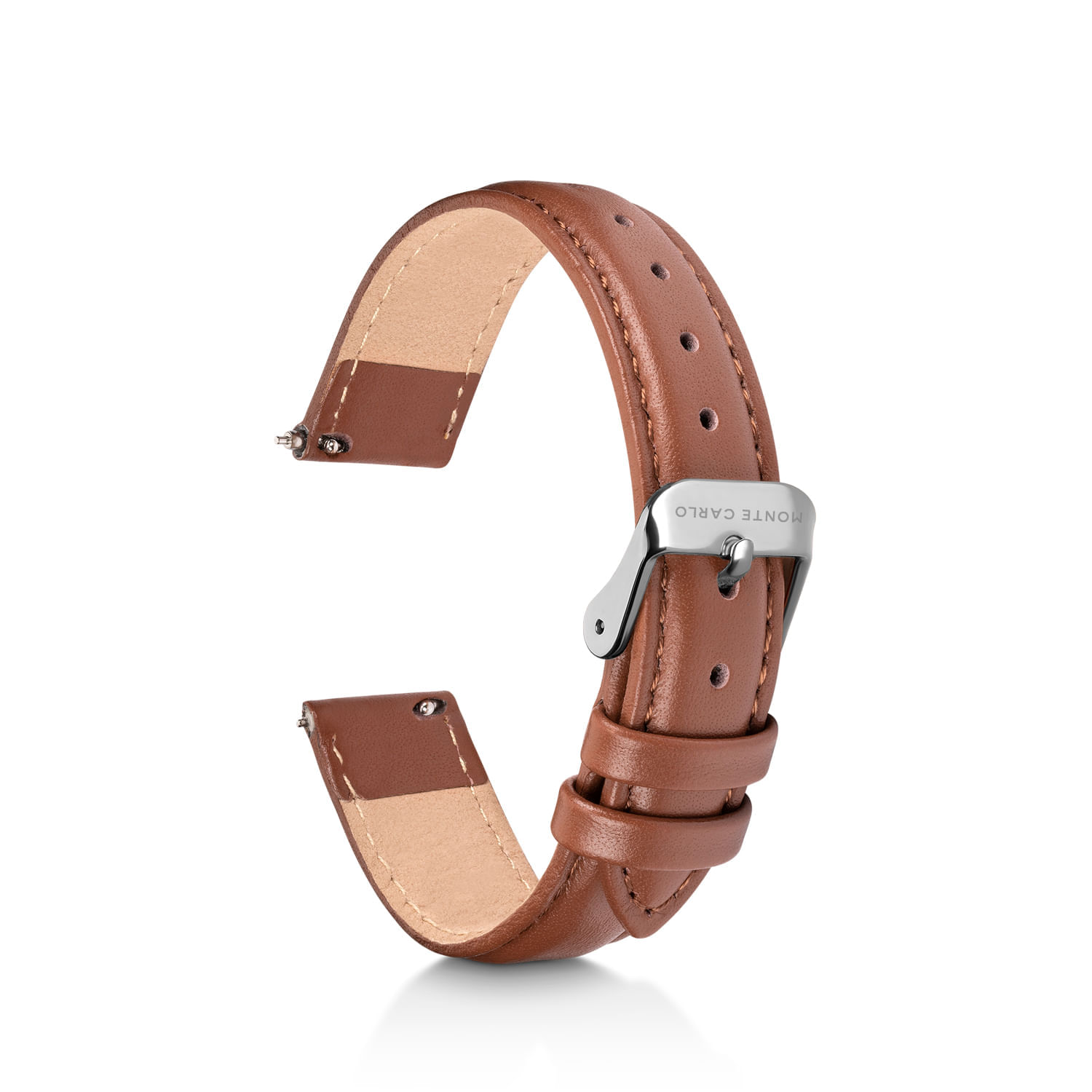 Pulseira de couro marrom com fivela de metal prateada, marca Montre Carlo.