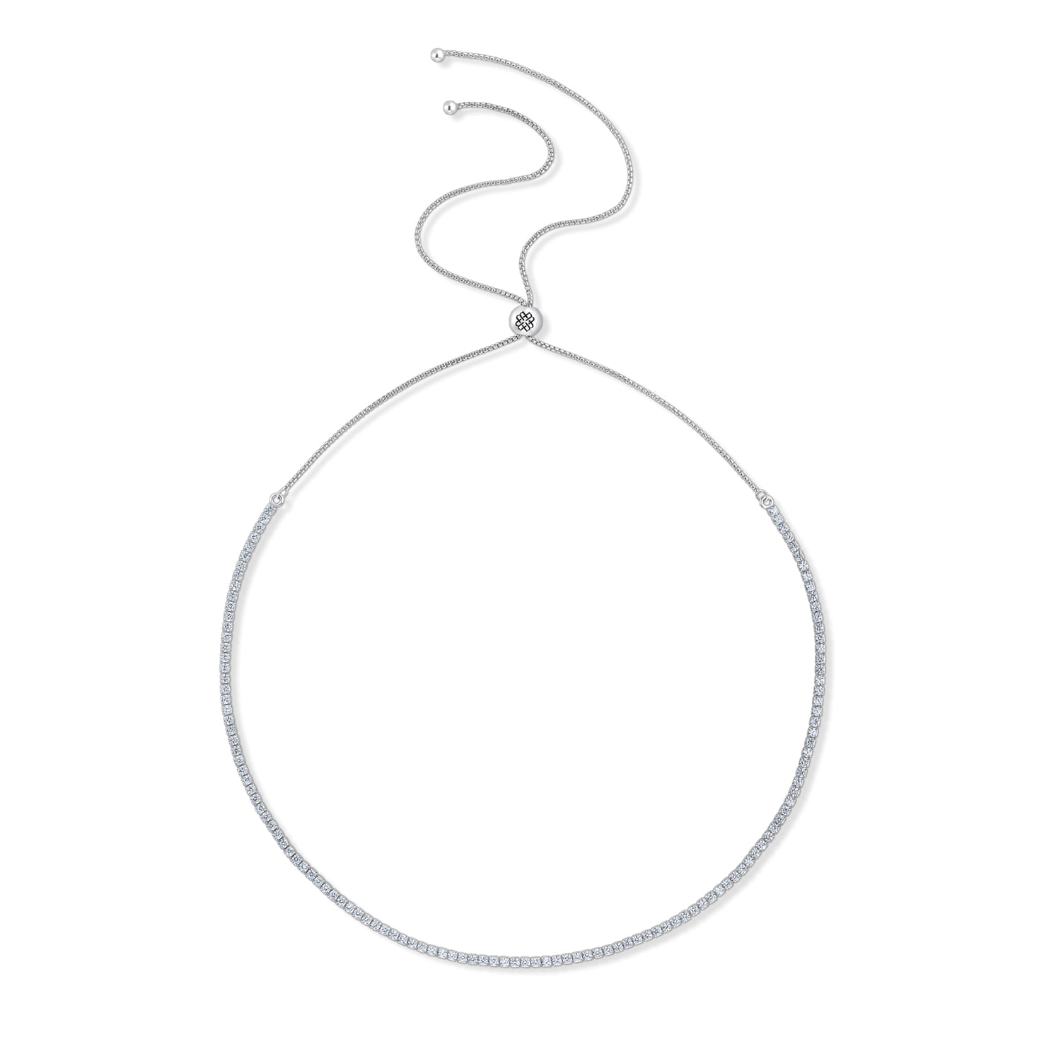 Colar elegante prateado com pedras brilhantes, possui comprimento ajustável e design circular sofisticado.