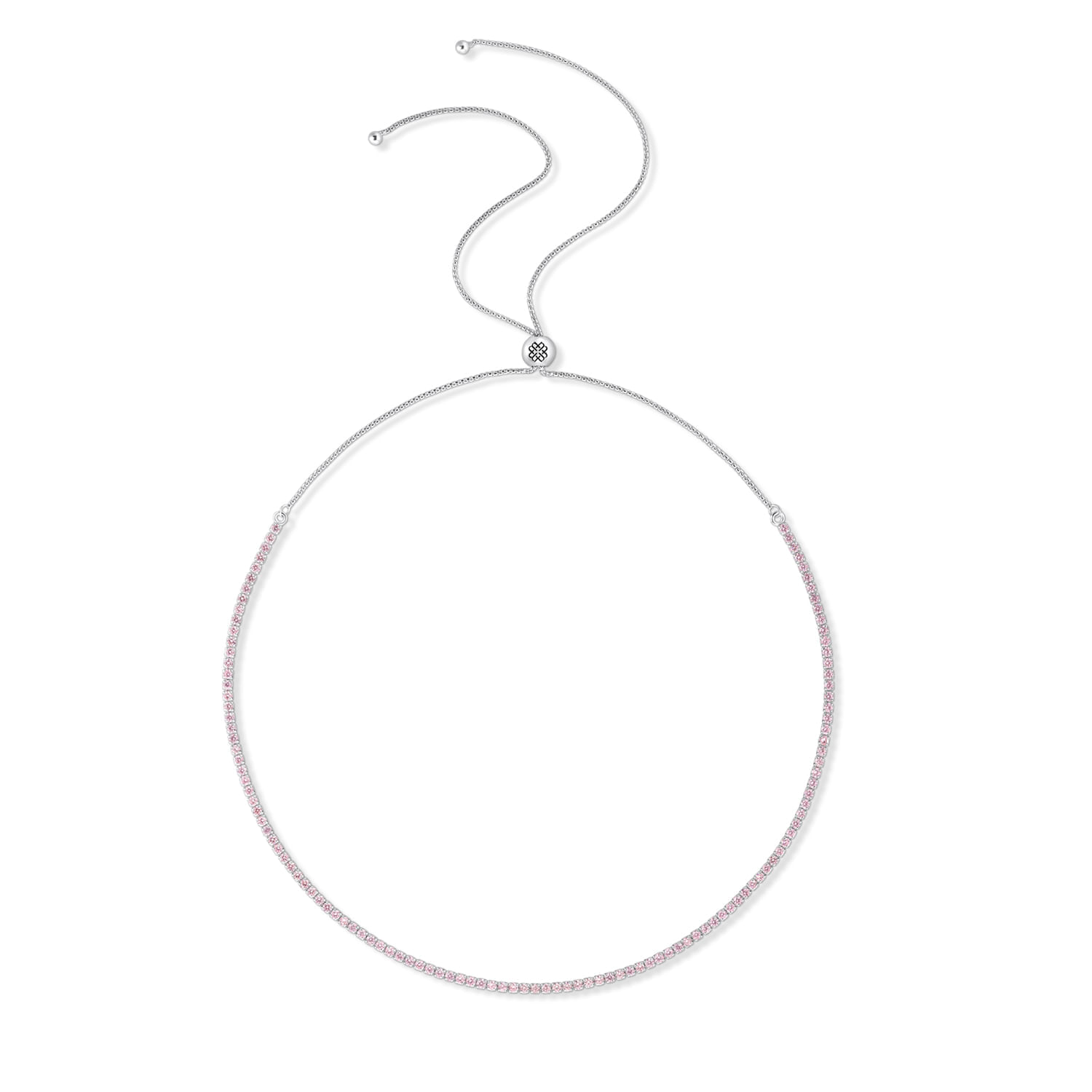 Corrente de colar com pingente de strass, ajustável com fecho em forma de nó, em tom prateado com detalhes rosas.