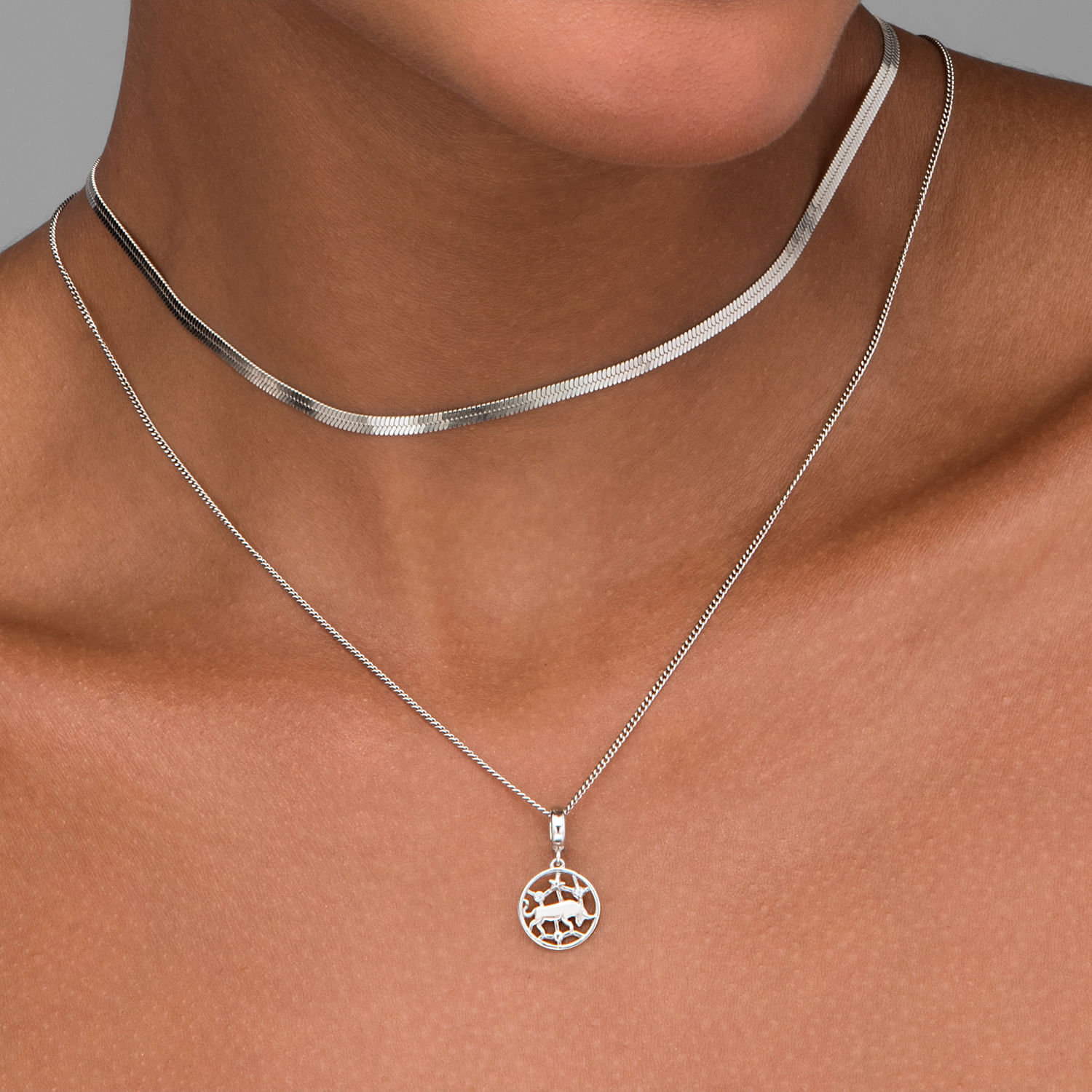 Colar com pingente de cavalo marinho em prata, combinado com uma choker de metal prateado.